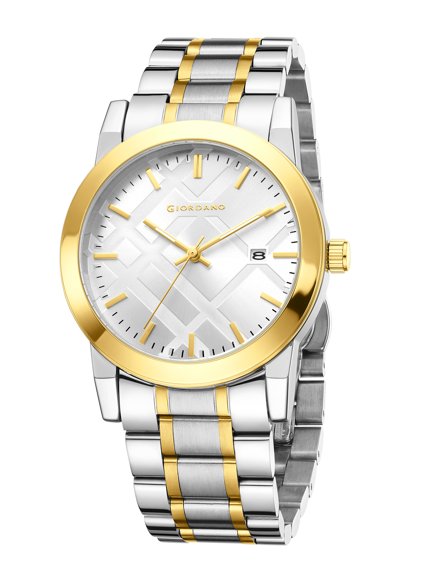 Giordano Analog Quartz Watch for Men with Silver Geometric Textured Round Dial, Luminous Hands Markers, Date Display, Faceted Bezel and Two-Tone Gold & Silver Stainless Steel Strap - GZ-50193-33