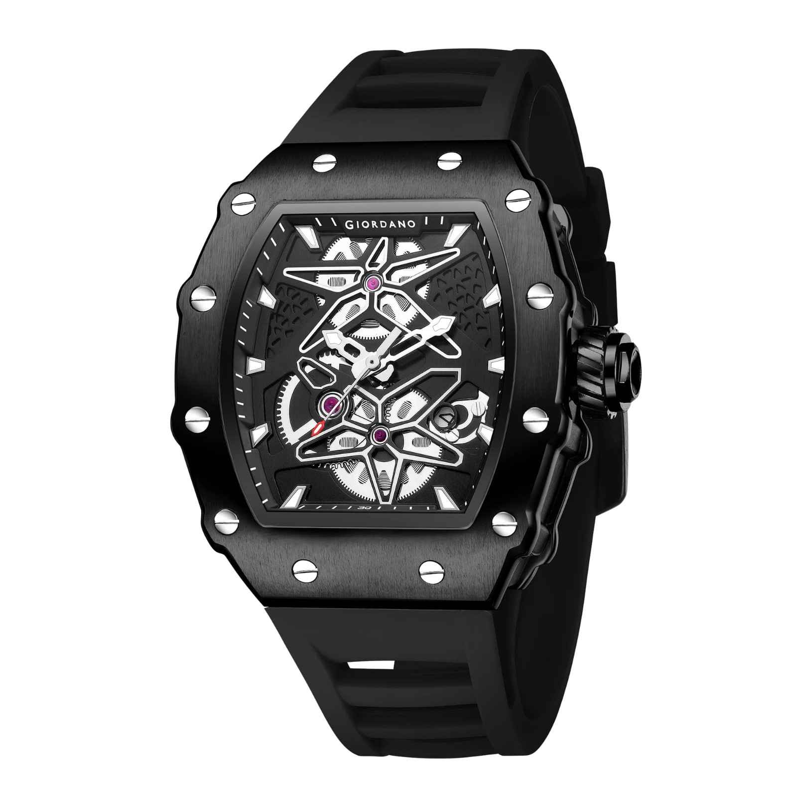 Giordano Analog Skeleton Dial Watch for Men – Tonneau Case, Silicone Strap, Open-Gear Sport Design, Quartz Movement - GZ-50188-11