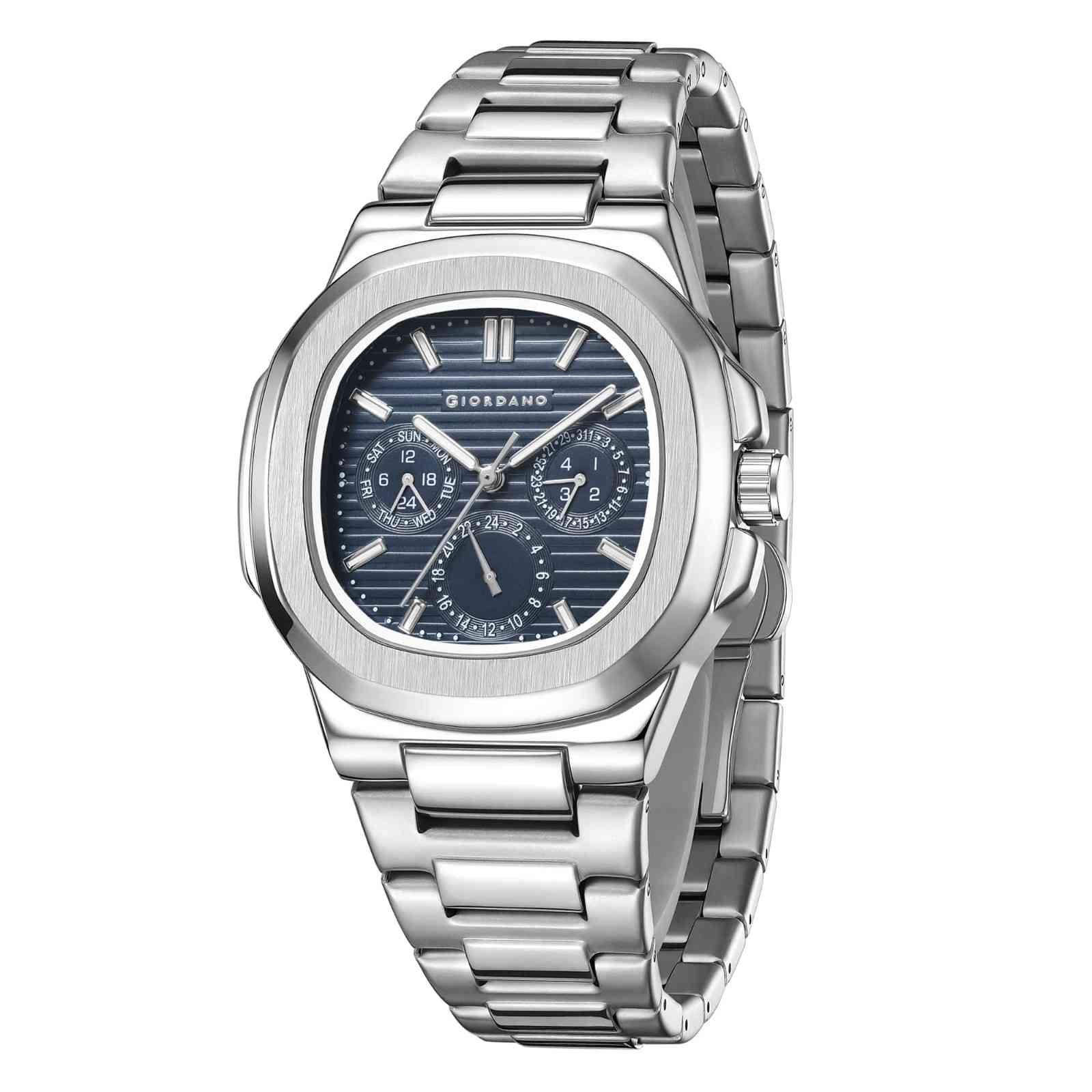 Giordano Analog Multifunction Watch for Men – Textured Dial with Cushion Case, Luminous Index Markers, Stainless Steel Strap, Day & Date Display GZ-50167-33