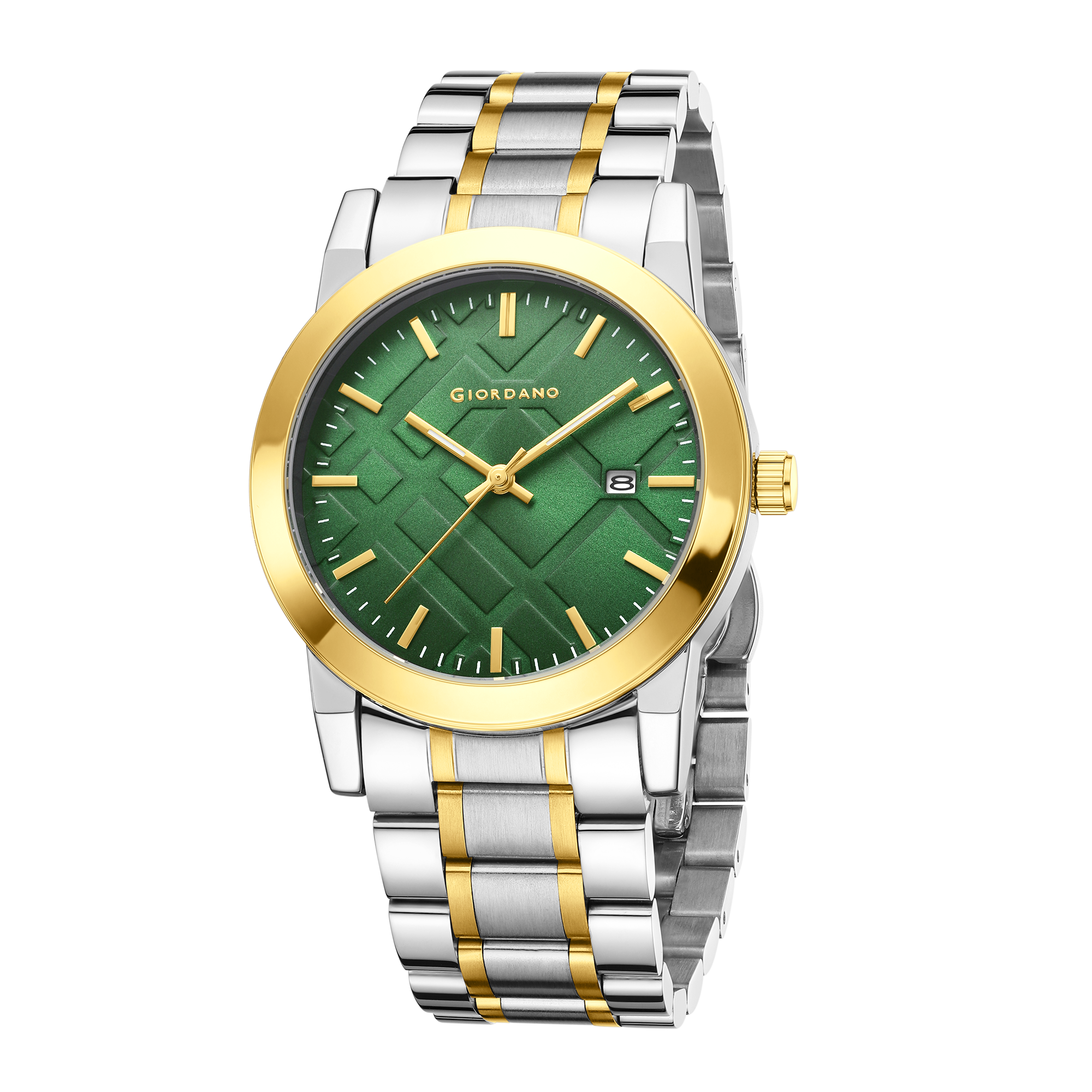 Giordano Analog Quartz Watch for Men with Green Geometric Textured Round Dial, Luminous Hands Markers, Date Display, Faceted Bezel and Two-Tone Gold & Silver Stainless Steel Strap - GZ-50193-22