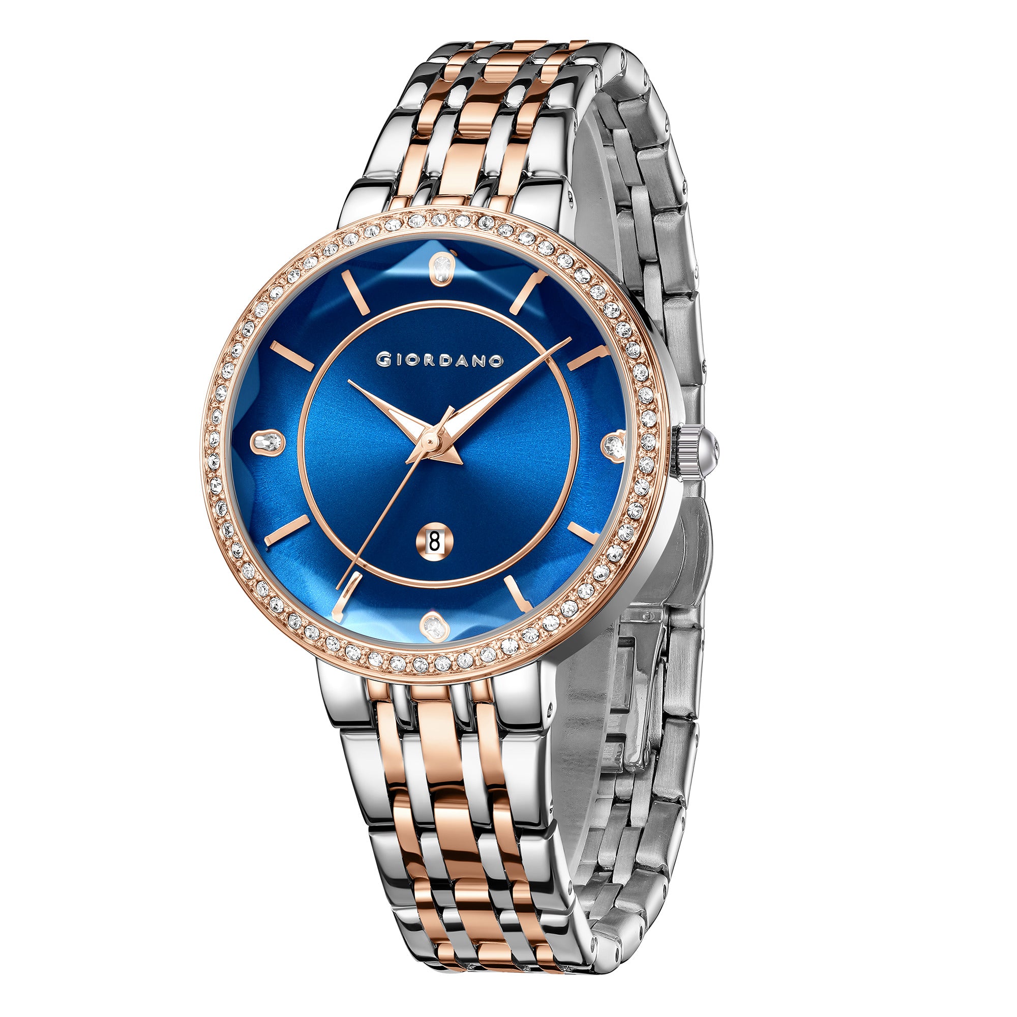 Giordano Analog Quartz Watch for Women with Blue Round Sunray Cut Glass Dial, Date Display, Crystal Hour Markers, Diamond-Studded Bezel and Two-Tone Silver & Rose Gold Stainless Steel Strap - GZ-60110-55