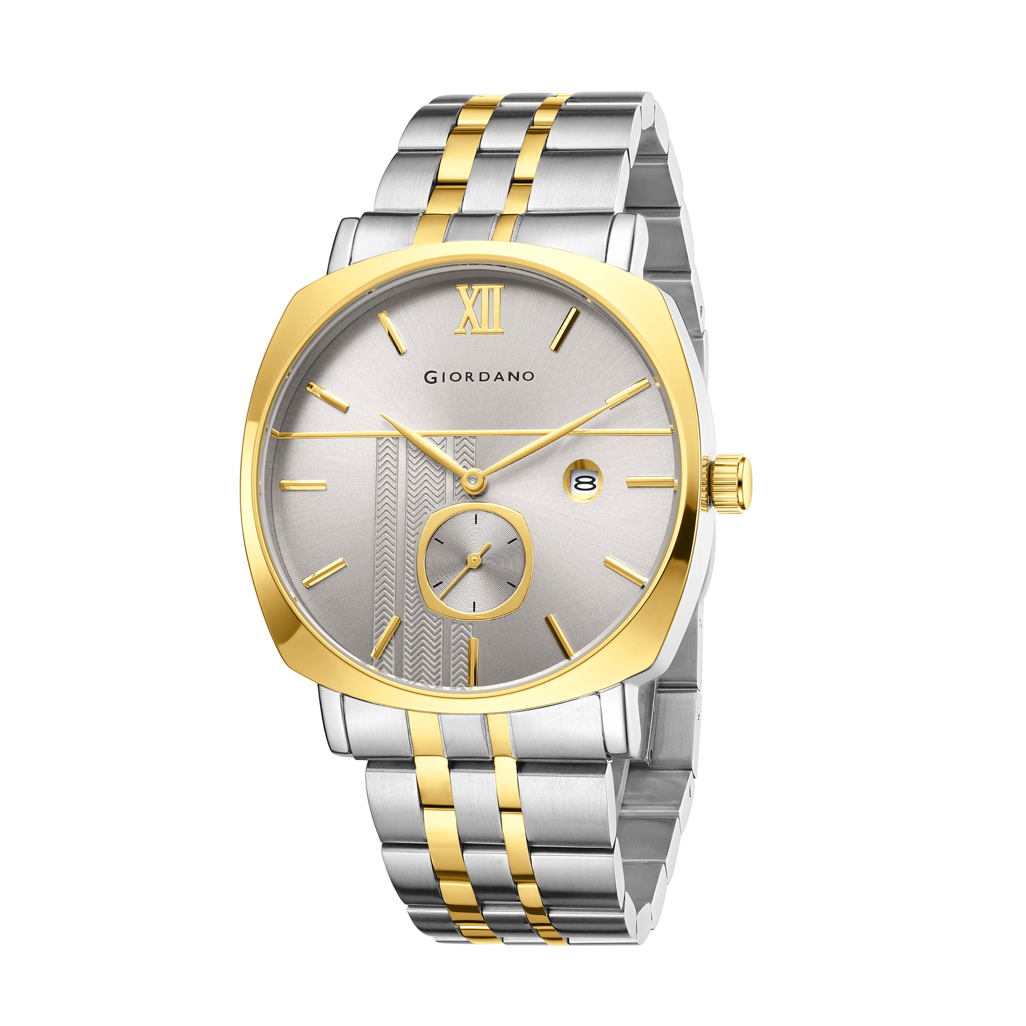 Giordano Analog Quartz Watch for Men with Grey Sunray Patterned Dial, Roman XII & Baton Hour Markers, Small Seconds Sub-Dial, Date Display and Two-Tone Gold & Silver Stainless Steel Strap GZ-50192-44