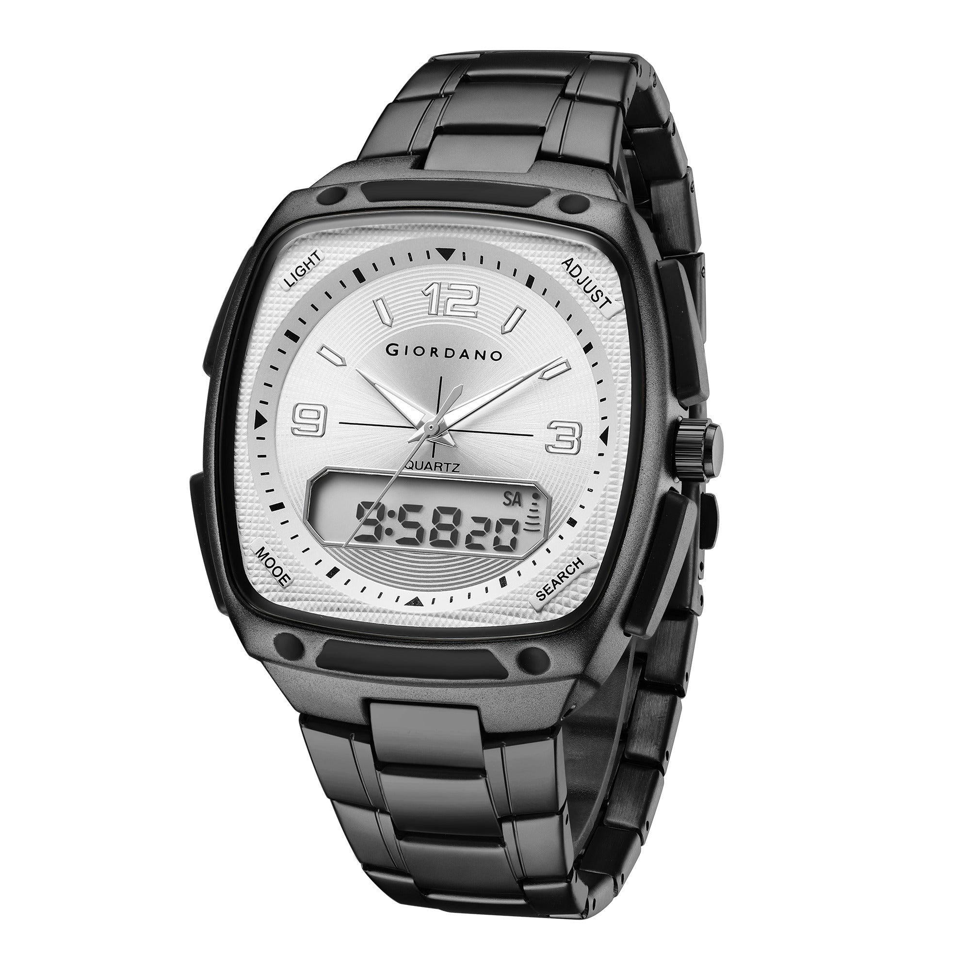 Giordano Analog Quartz Watch for Men with Texured Square White Dial, Date and Day Function, Luminous Hands and Hour Markers, Black Stainless Steel Strap - GZ-50223-55