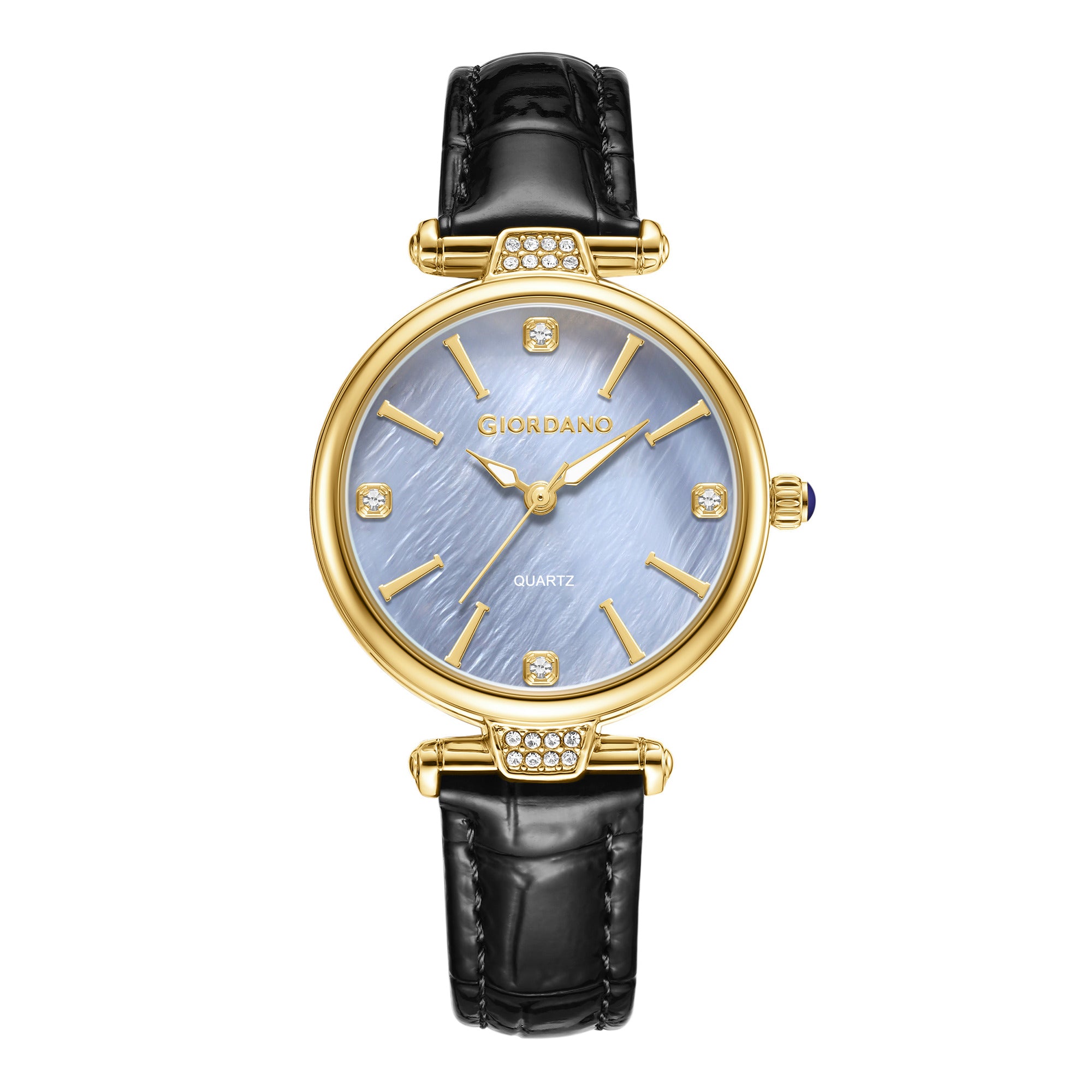 Giordano Analog Quartz Watch for Women with sunray Round Gold Dial, Blue Crown, Luminos hands and Crystal hour markers, Black Leather Strap - GZ-60161-02