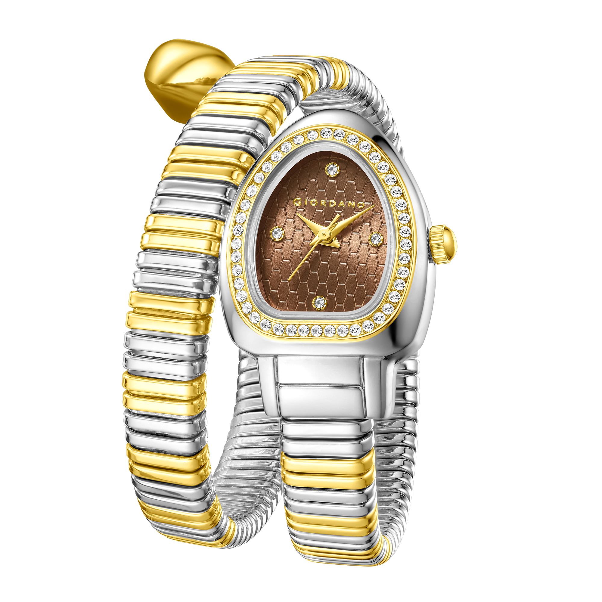 Giordano Serpentine Collection Analog Quartz Watch for Women with Brown Honeycomb-Textured Dial, Crystal Bezel & Markers, Snake-Style Wrap-Around Two-Tone Stainless Steel Strap - GZ-60188-55