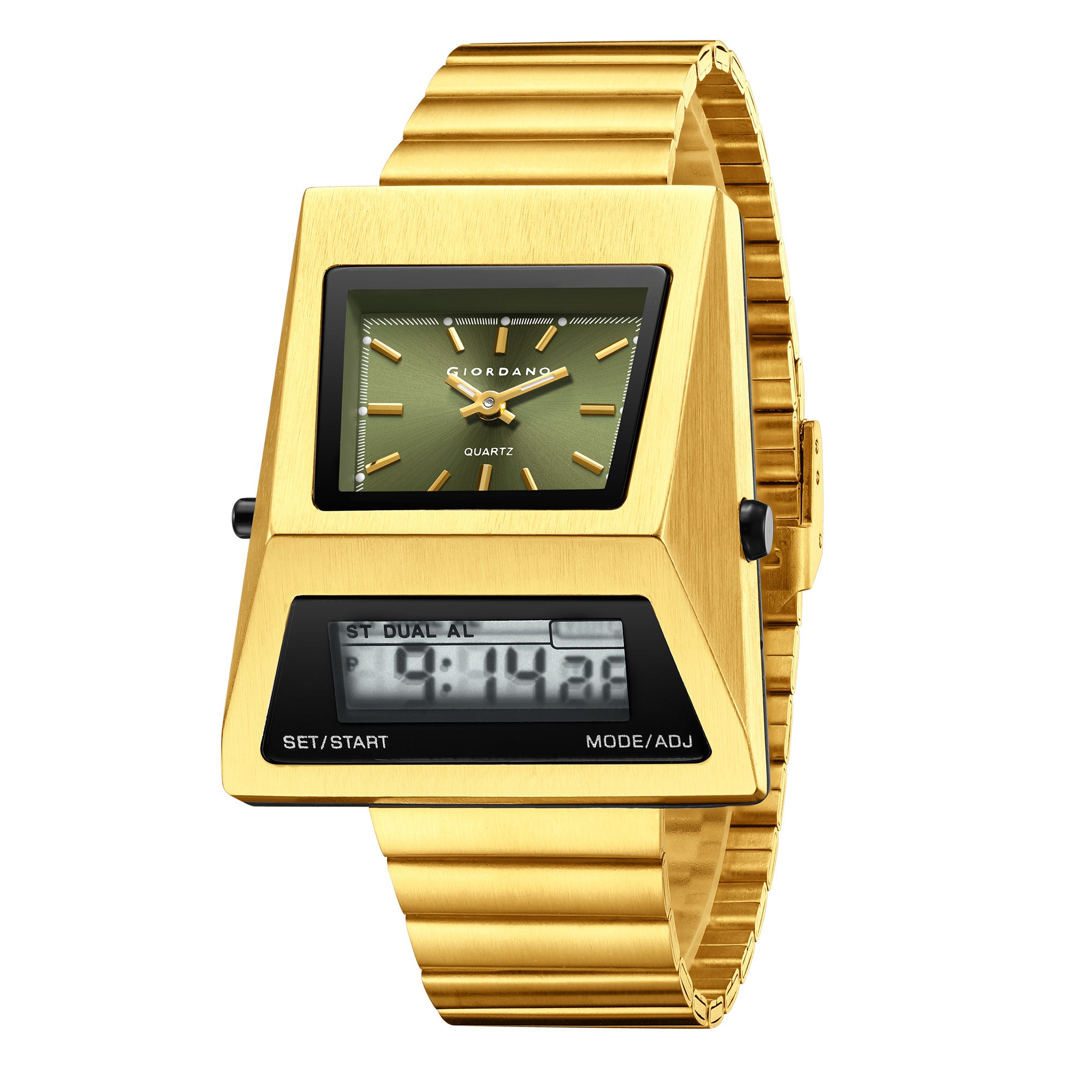 Giordano Analog Digital Watch for Men with Triangle Shape Green Dial, Dual Time Display, Gold Stainless Steel Strap - GZ-50205-33