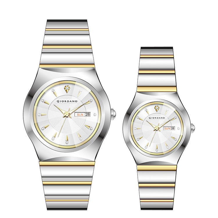 Giordano Analog Pair Watch For Unisex With Round Dial, Crystal Indices , Date Display And Stainless Steel Strap GZ-990-SET-22