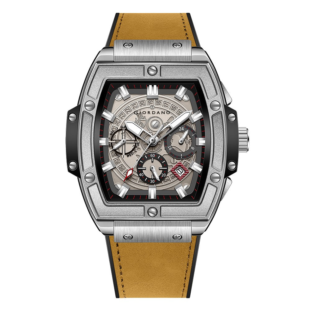 Giordano Terminator Men's Brown Leather Multifunction Watch - with Day, Date, and 24-Hour Sub-Dials | Water Resistant Square Dial Unique Design Wrist Watch for Man | GZ-50098-01