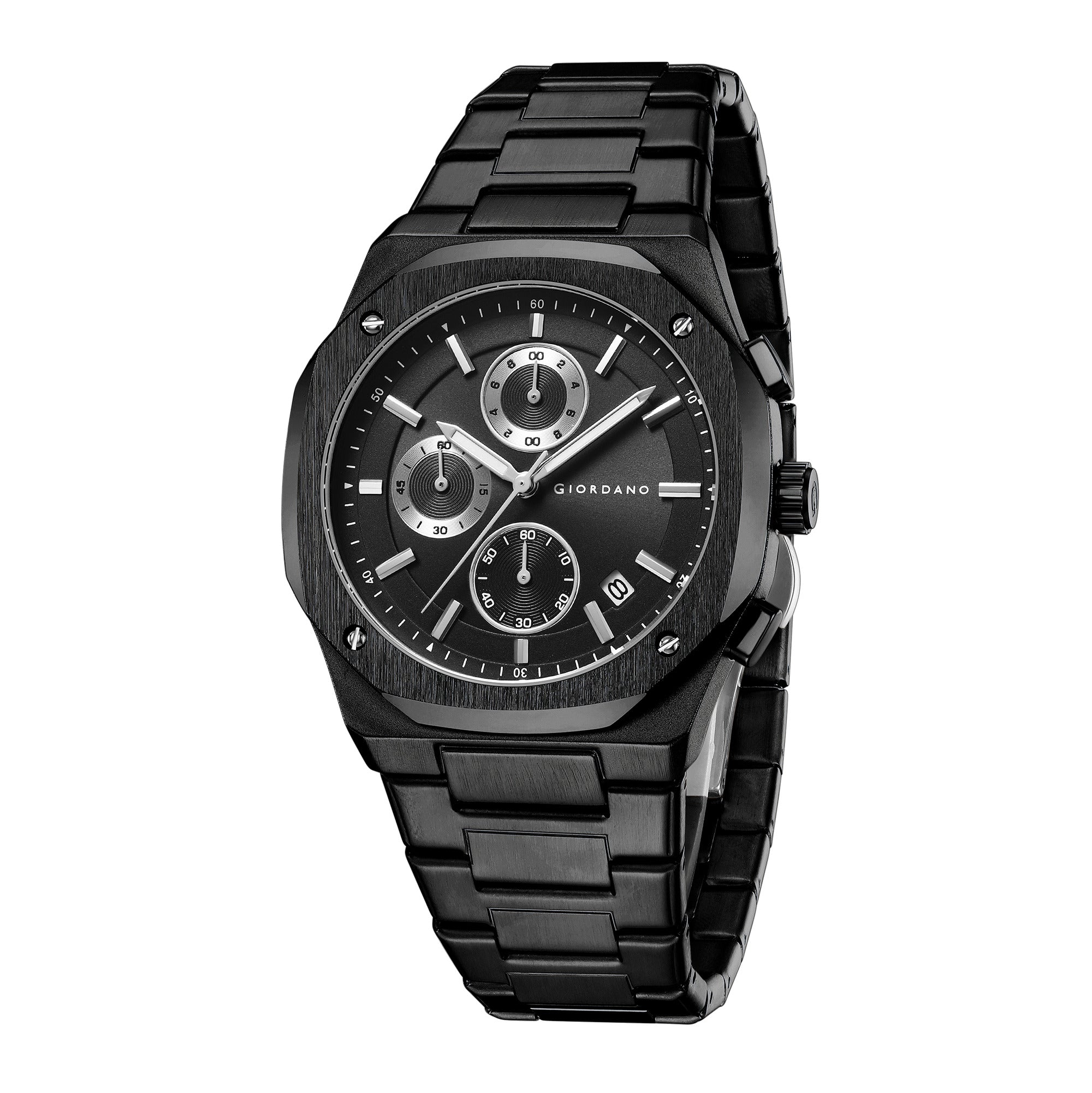Giordano Chronograph Analog Quartz Watch for Men with Round Black Dial, Octgonal case, Date Function, Luminous Hands and Hour Markers, Black Stainless Steel Strap - GZ-50202-11