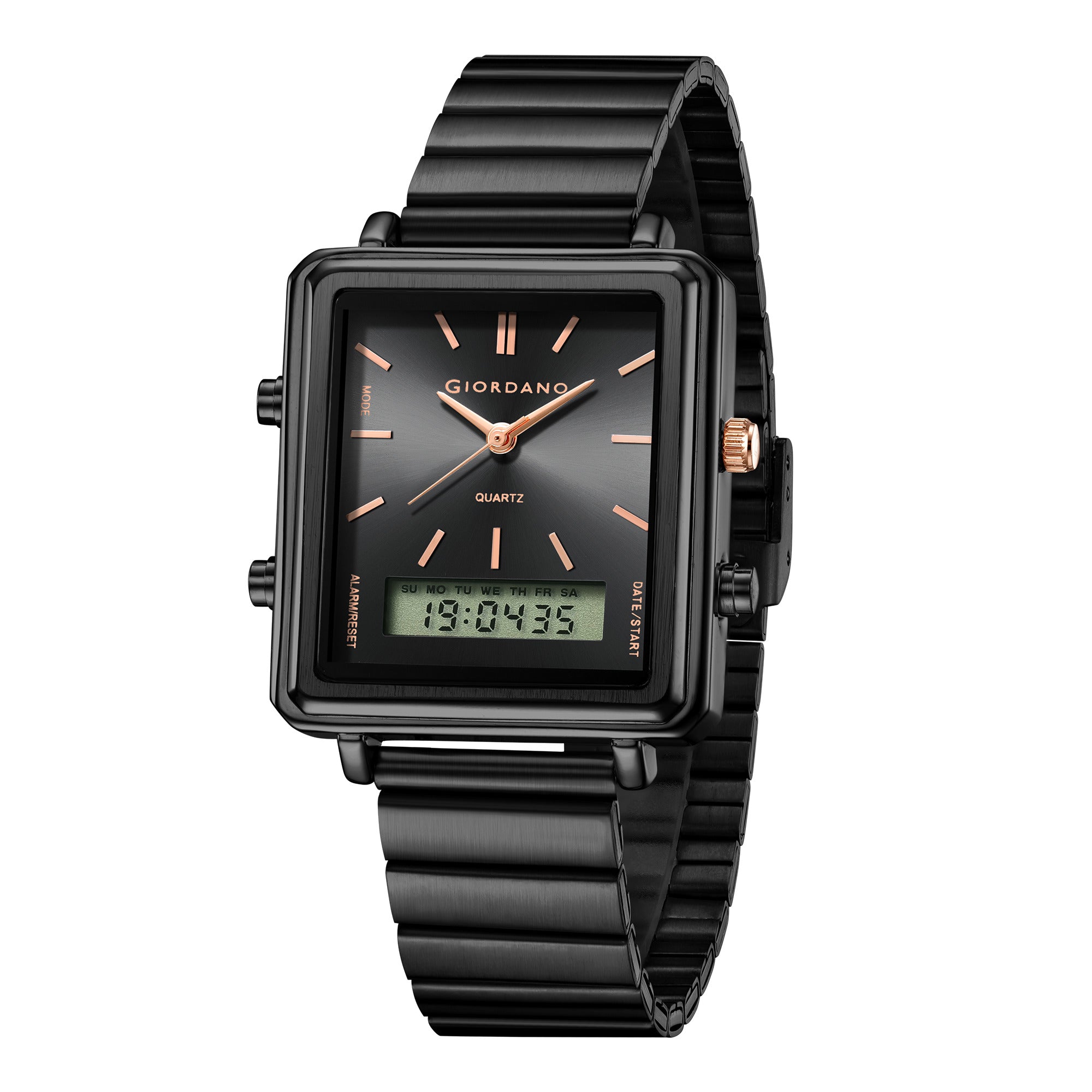 Giordano Analog Digital Watch for Men with Square Black Dial, Dual Time Display, Black Stainless Steel Strap - GZ-50210-11