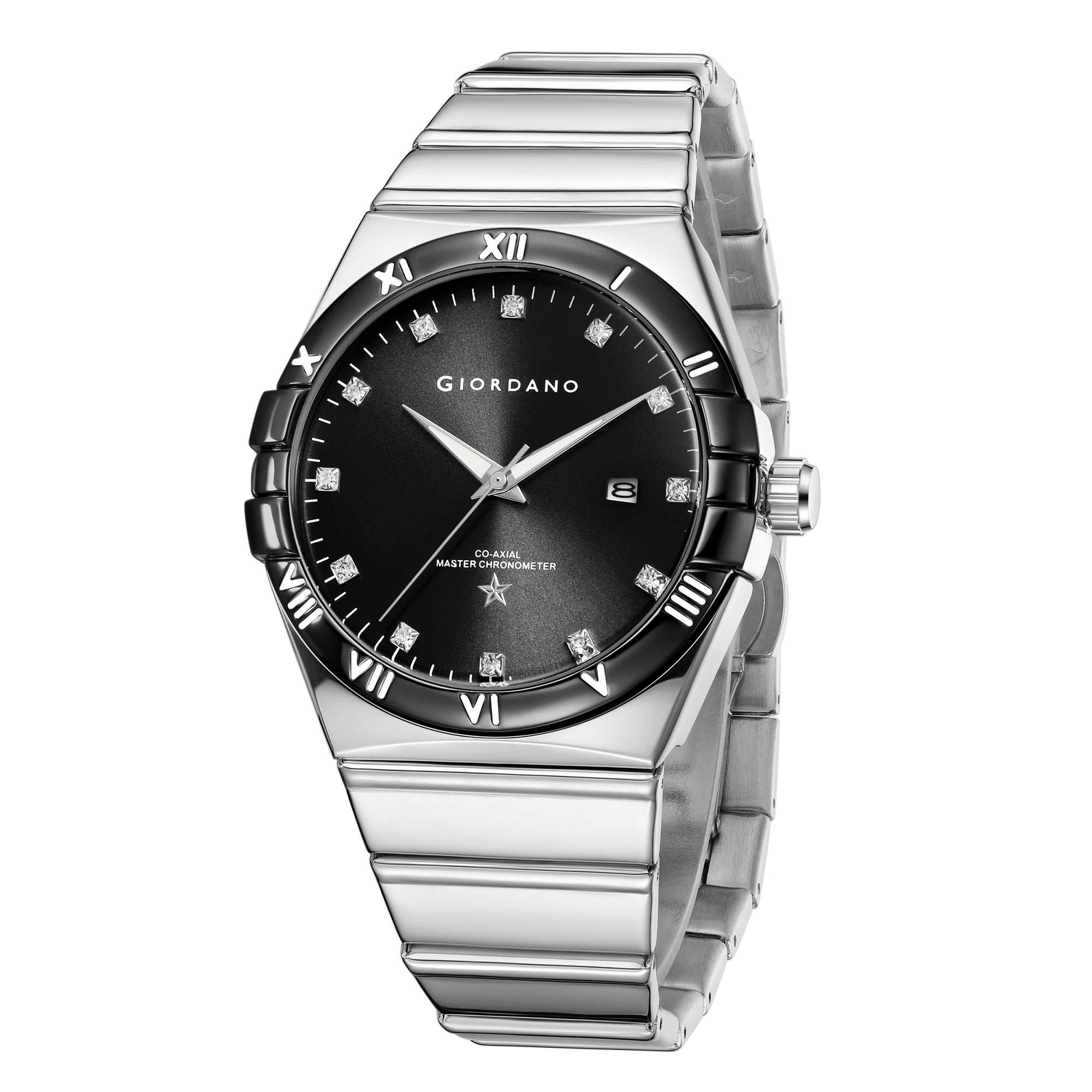 Giordano Analog Watch for Men Round Black Dial with Crystal Markers, Roman Bezel, Date Display & Stainless Steel Strap GZ-50220-11