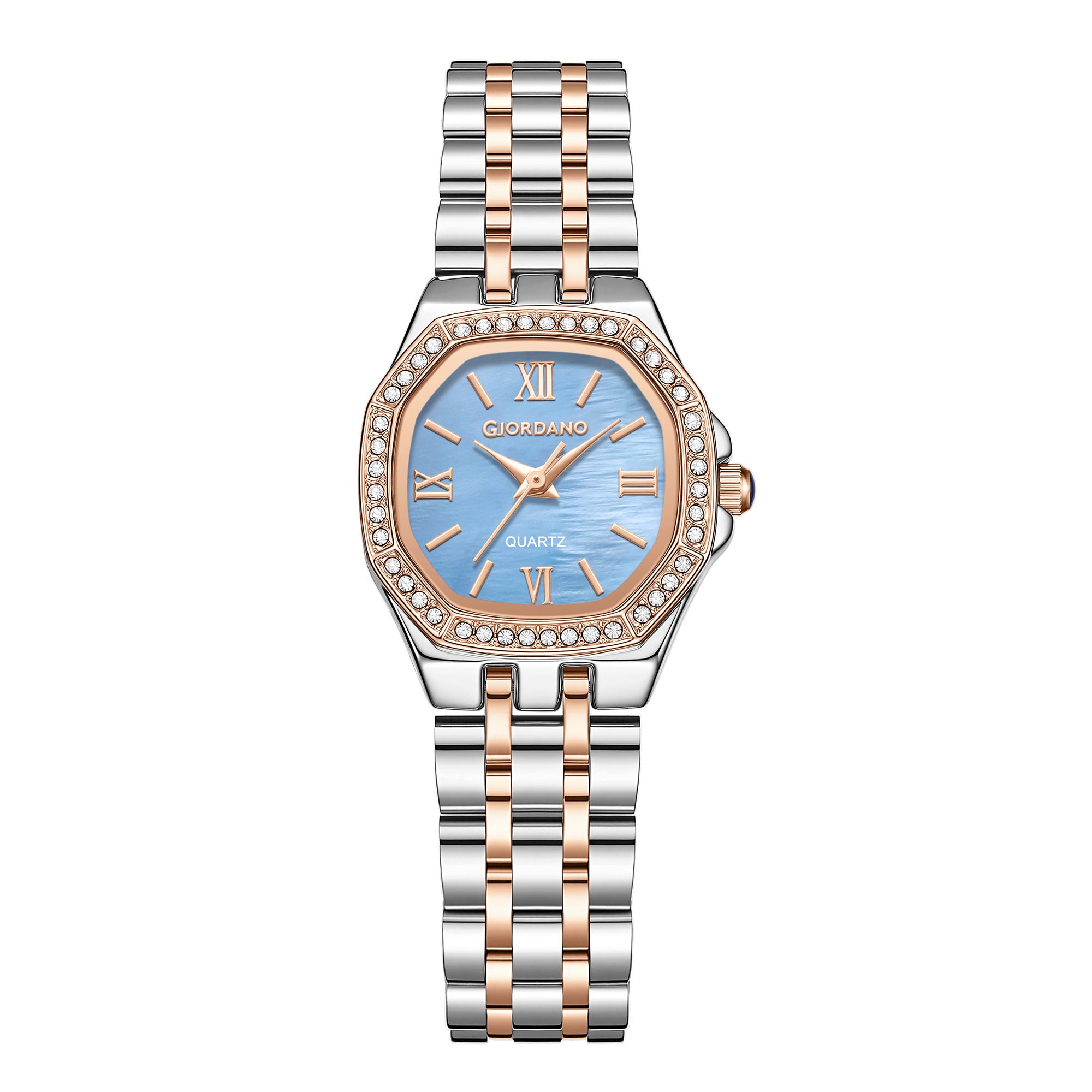 Giordano Analog Watch for Women with Blue Dial, Crystal Studded Bezel, Roman Indices & Stainless Steel Strap GZ-60162-66