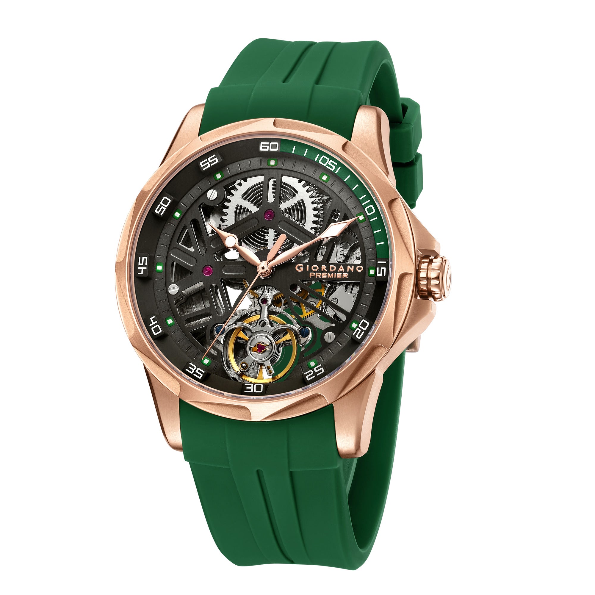 Giordano Automatic Watch for Men with Skeleton Round Black Dial, Luminous Hands and Markers, Silver Silicone Strap - GZ-50226-03