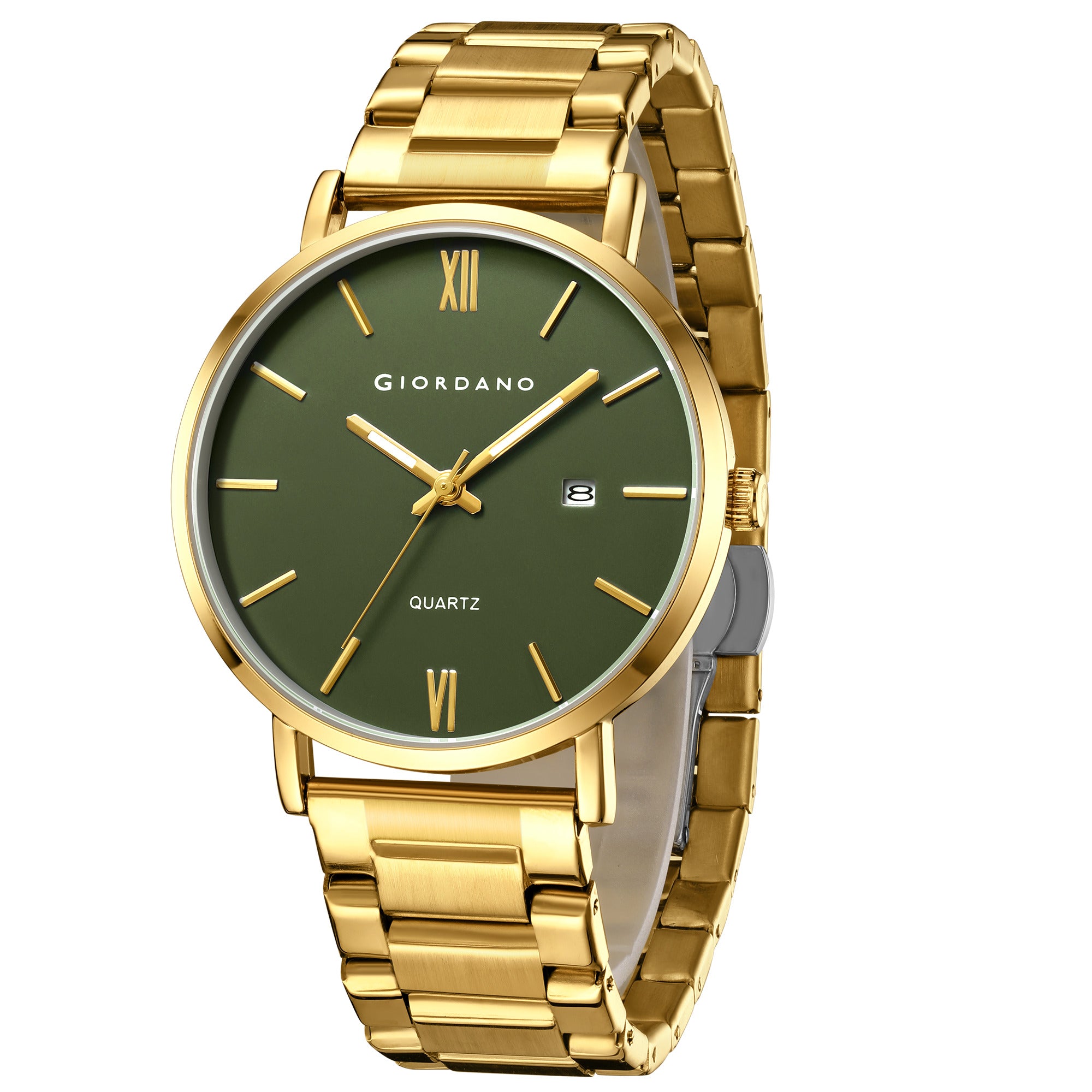 Giordano Analog Quartz Watch for Men with Round Green Dial, Roman Indices, Date Function, Luminous Hands, Gold Stainless Steel Strap - GZ-50211-33
