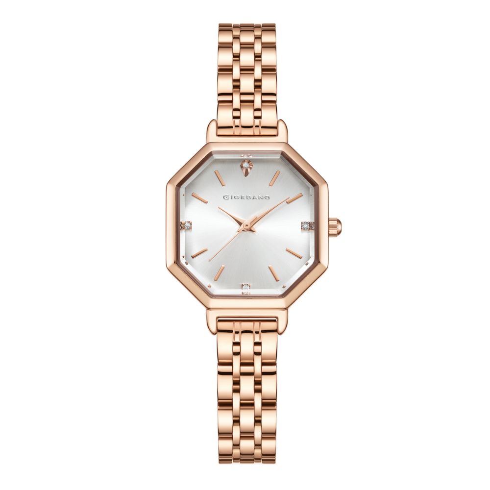 Giordano Analog Watch for Women – Classic octagonal gloss finish Dial with rose gold stainless steel strap | GZ-60113-33