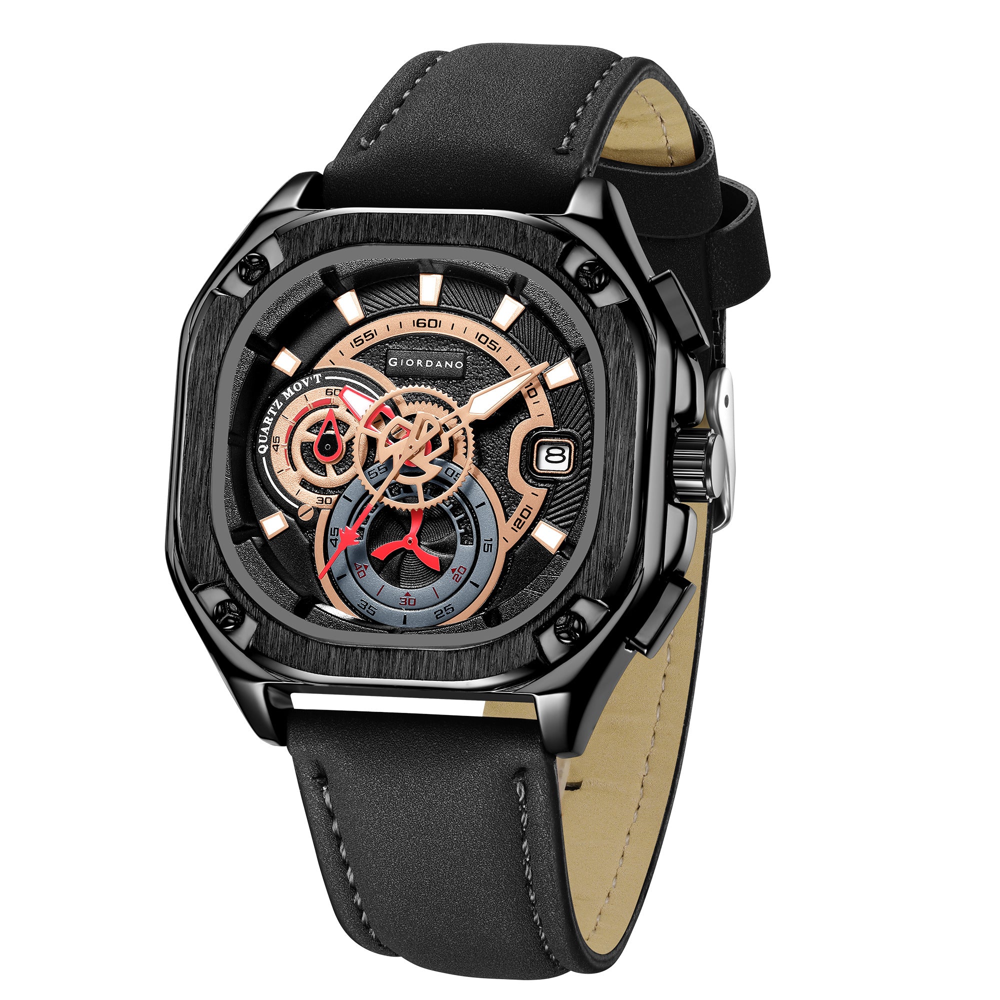 Giordano Analog Quartz Watch for Men – Multi-Dial Chronograph Style with Gear Dial Design, Octagon Case, Leather Strap & Date Display, Casual Sports Watch - GZ-50156-02