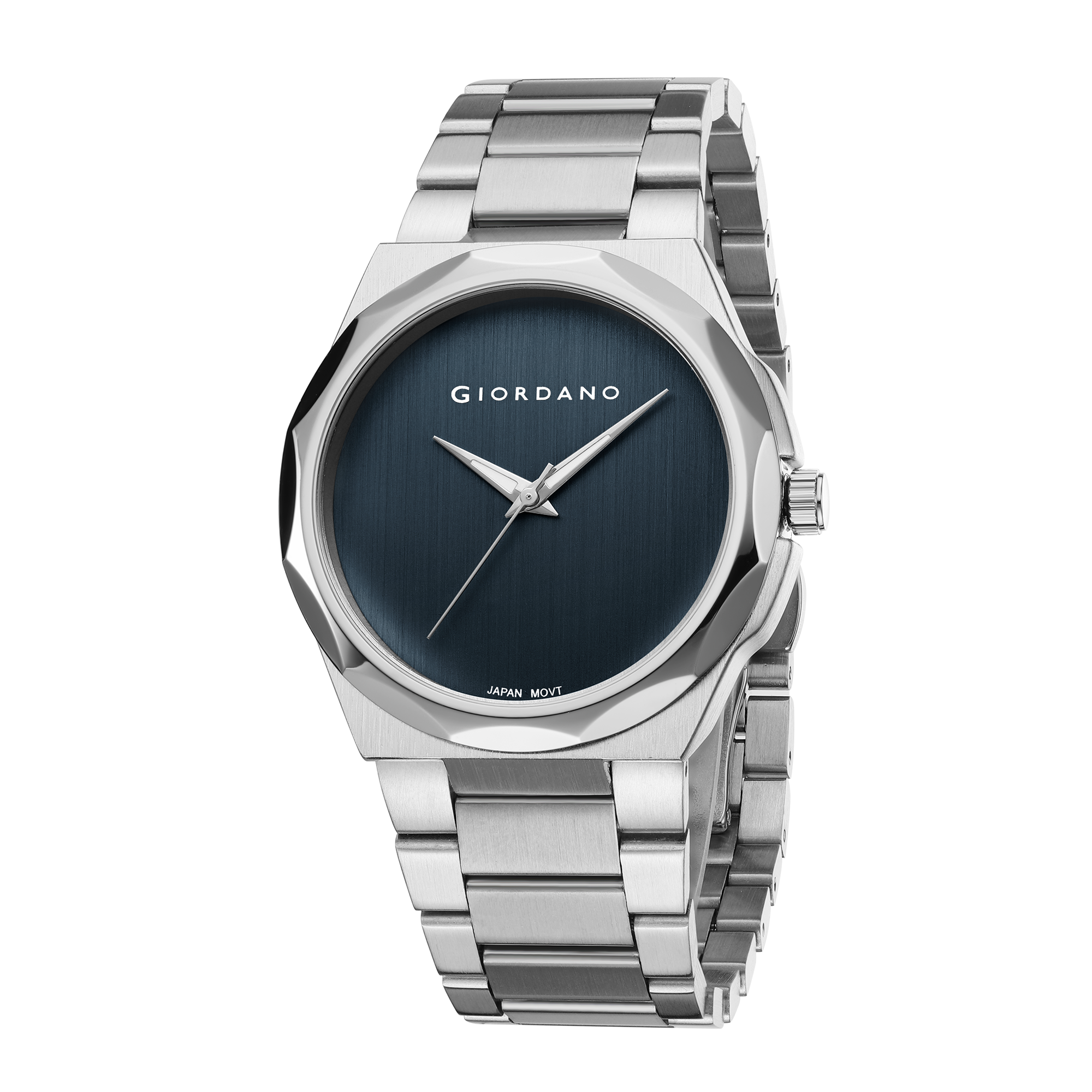 Giordano Classic Formal Analog Quartz Watch for Men with Blue Sunray Round Dial, Minimalist Markerless Design, Luminous Hands, Quartz Movement and Silver Stainless Steel Strap - GZ-50189-22