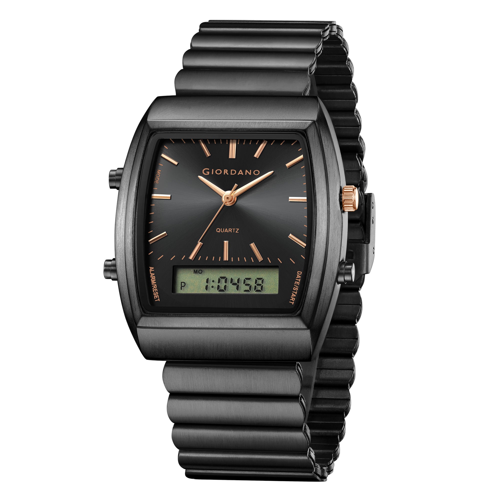 Giordano Analog Digital Watch for Men with Square Black Dial, Day Function, Black Stainless Steel Strap - GZ-50207-11