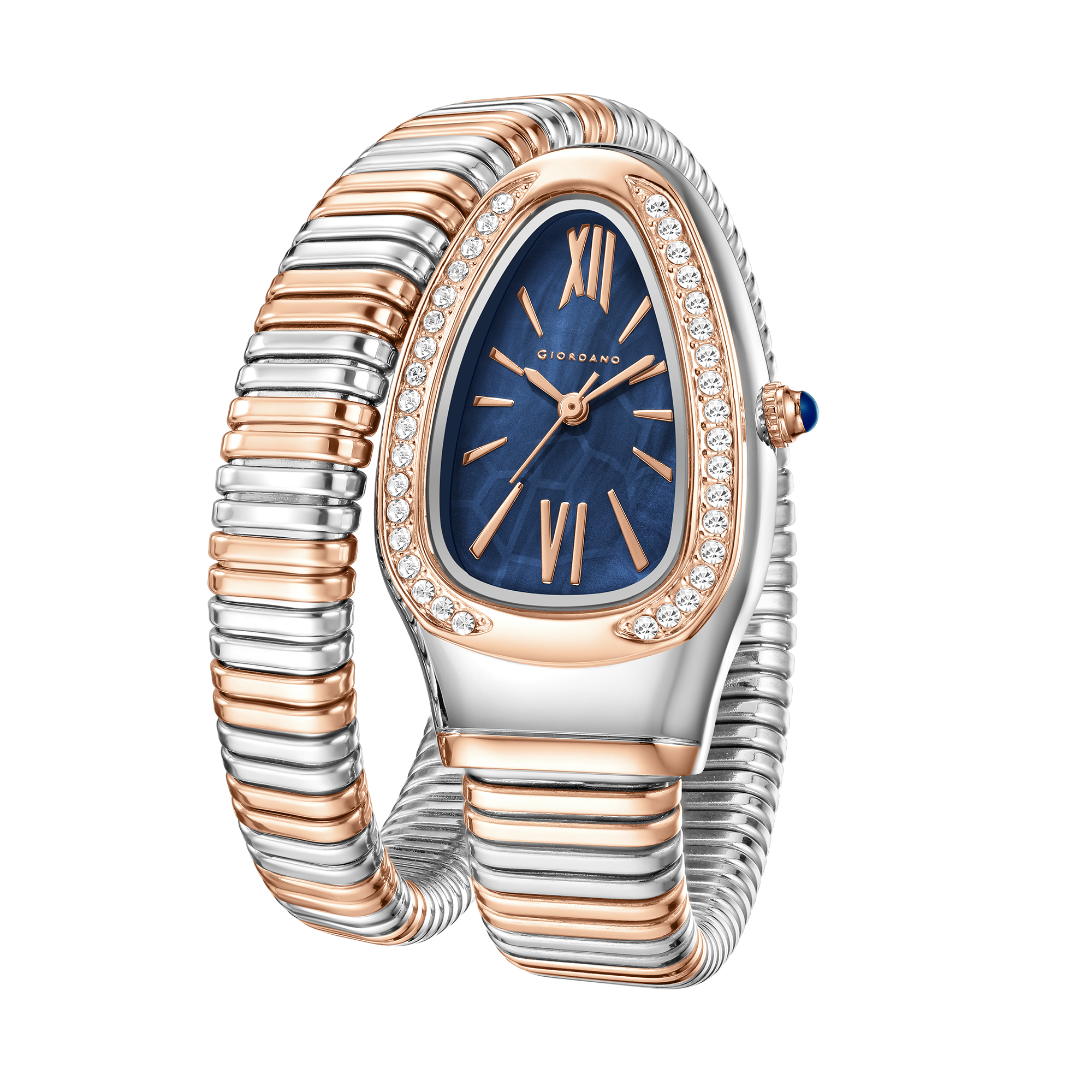 Giordano Serpentine Collection Analog Quartz Watch for Women with Blue Geometric-Textured Dial, Crystal-Studded Bezel, Roman Numerals & Snake-Style Wrap-Around Stainless Steel Strap - GZ-60189-22