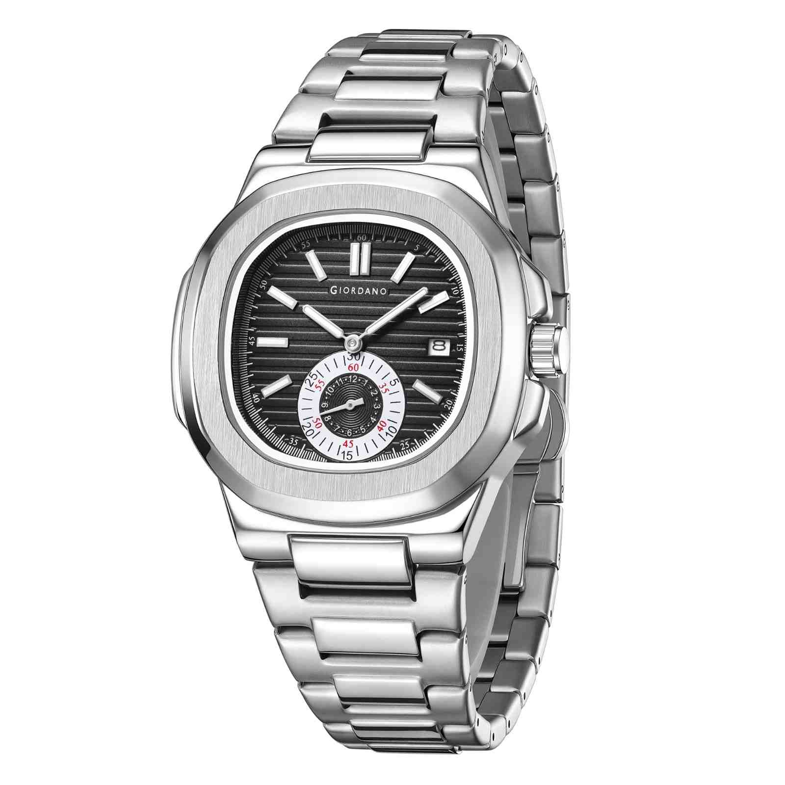 Giordano Analog Multifunction Watch for Men – Textured Dial with Cushion Case, Small Seconds Sub-Dial, Stainless Steel Strap & Date Display GZ-50160-11