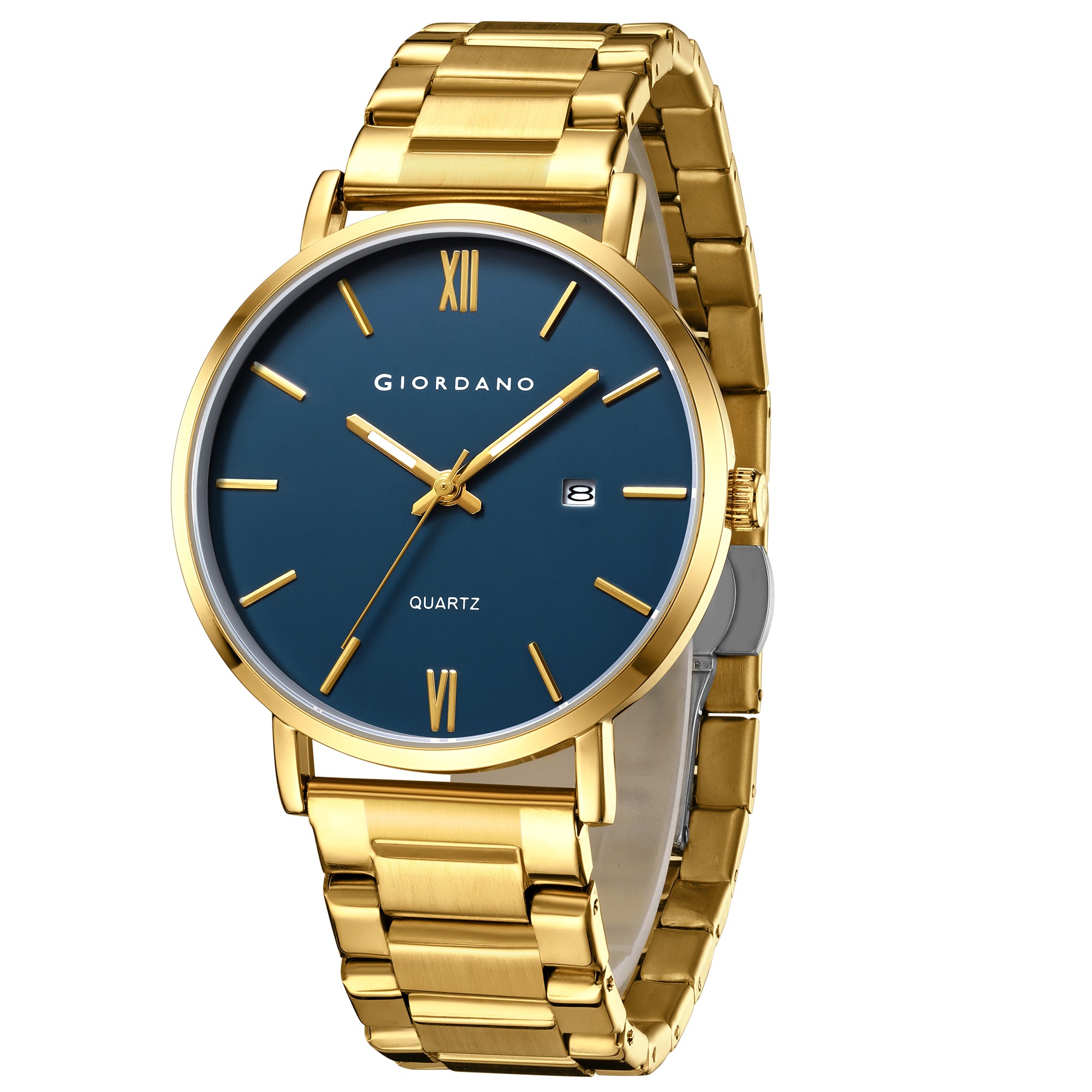 Giordano Analog Quartz Watch for Men with Round Blue Dial, Roman Indices, Date Function, Luminous Hands, Gold Stainless Steel Strap - GZ-50211-44