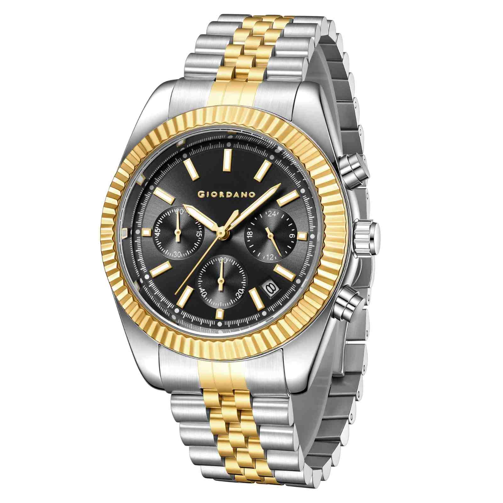 Giordano Chronograph Analog Watch for Men – Textured Bezel, Luminous Index Markers, Stainless Steel Strap & Date Display GZ-50164-33