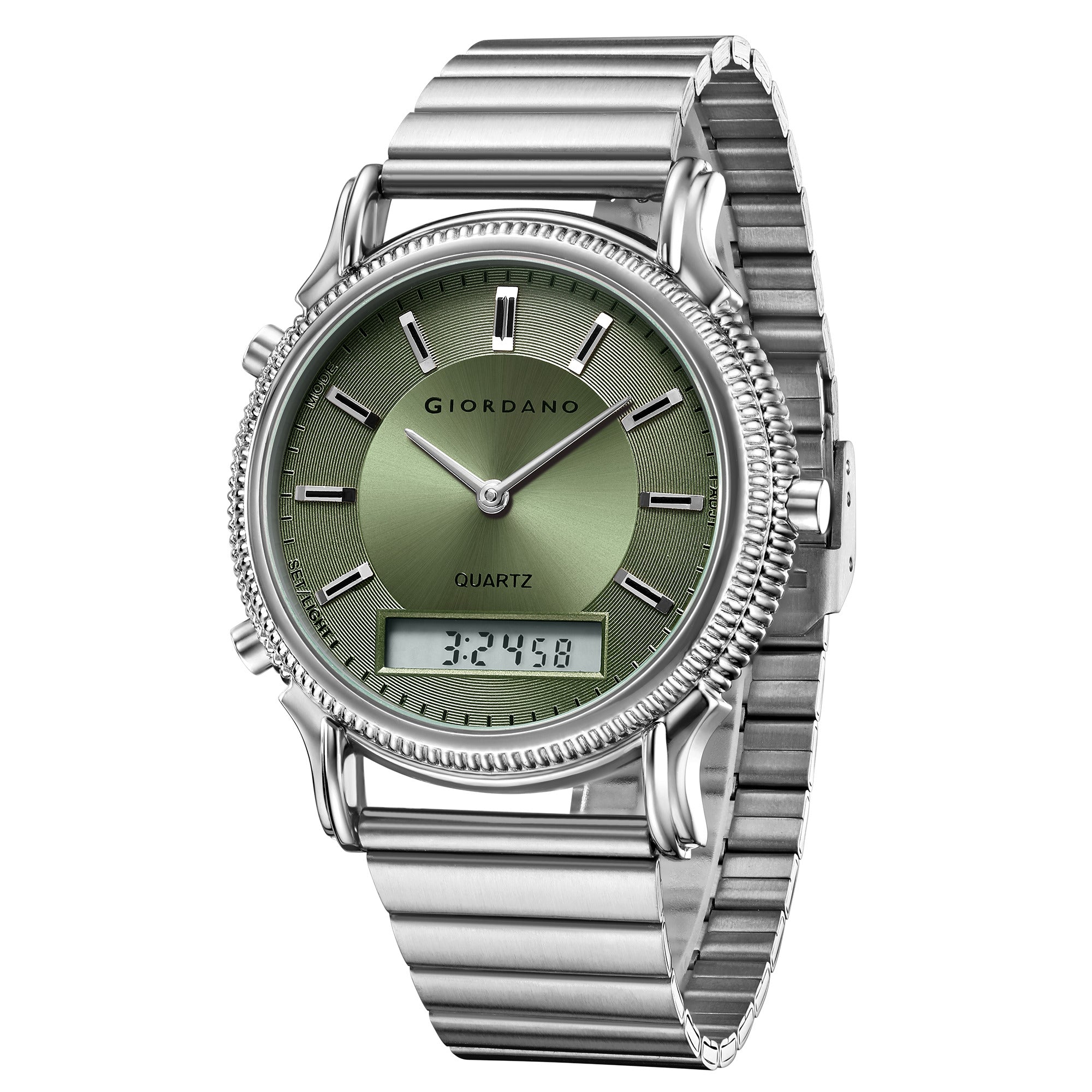 Giordano Analog-Digital Watch for Men - Round Green Dial with Dual Display, Quartz Movement and Silver Stainless Steel Strap - GZ-50209-44