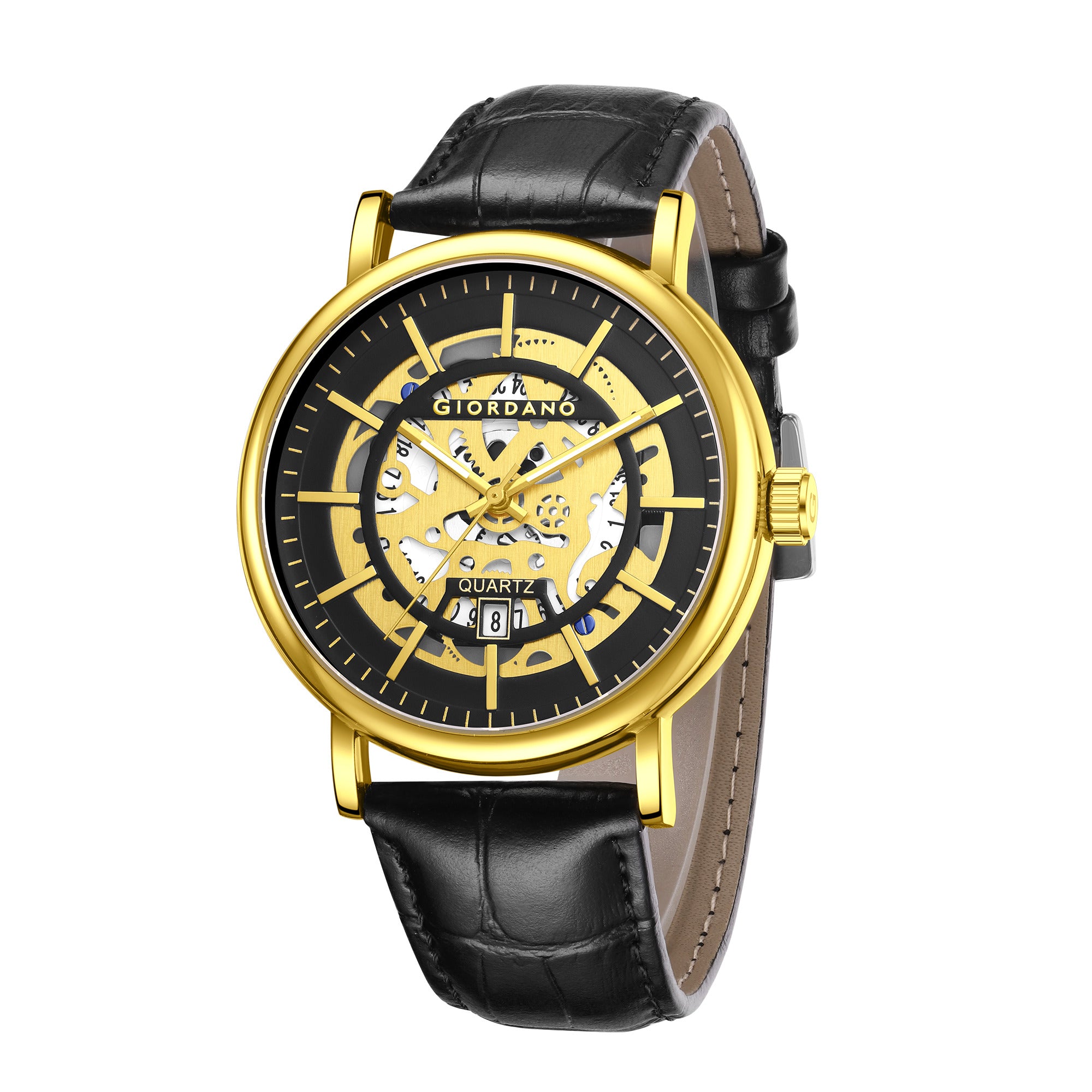 Giordano Analog Quartz Watch for Men with Skeleton Round Black Dial, Date Function, Luminous Hands and Markers, Black Leather Strap - GZ-50182-02