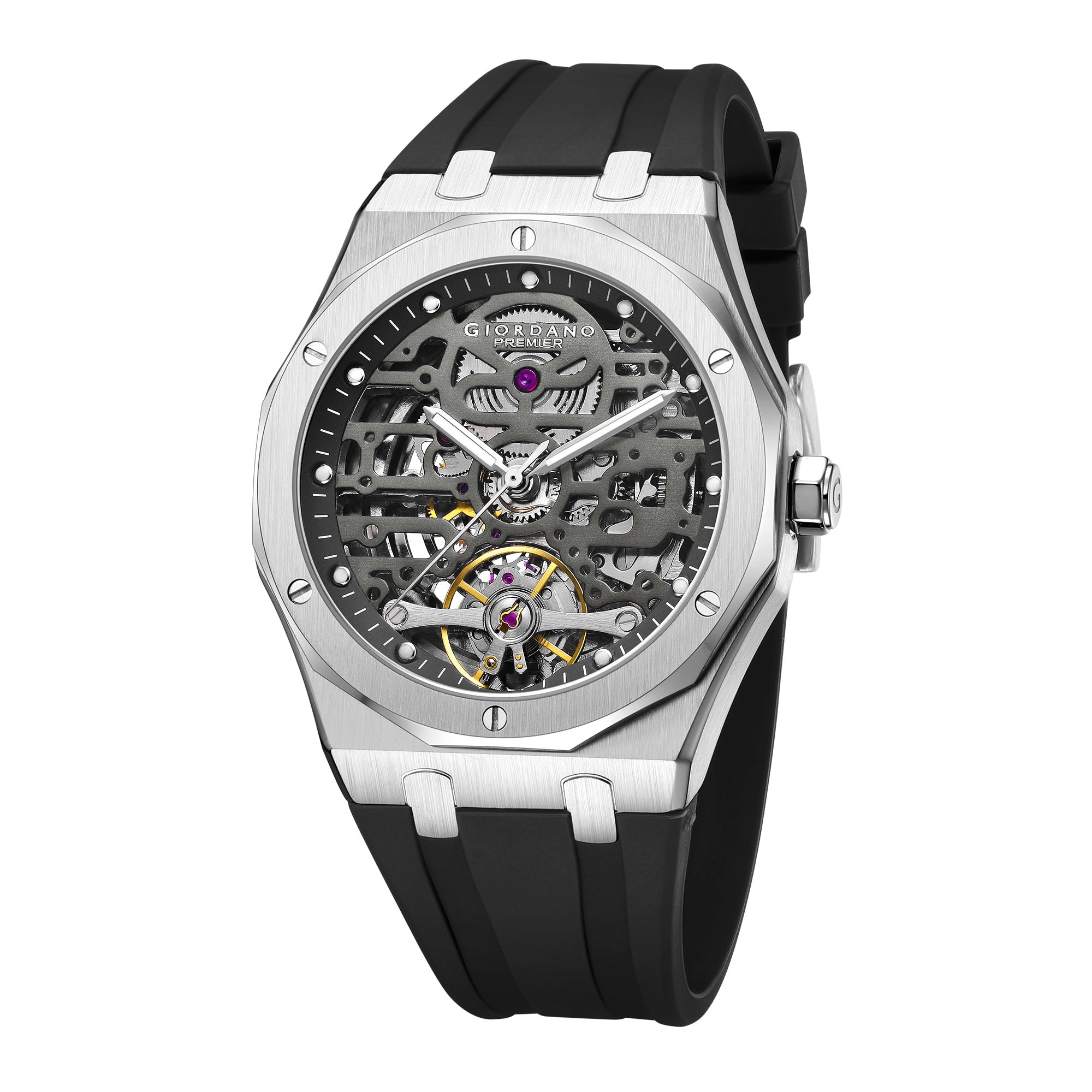 Giordano Automatic Watch for Men with Skeleton Round Black Dial, Luminous Hands and Markers, Black Silicone Strap - GZ-50224-02