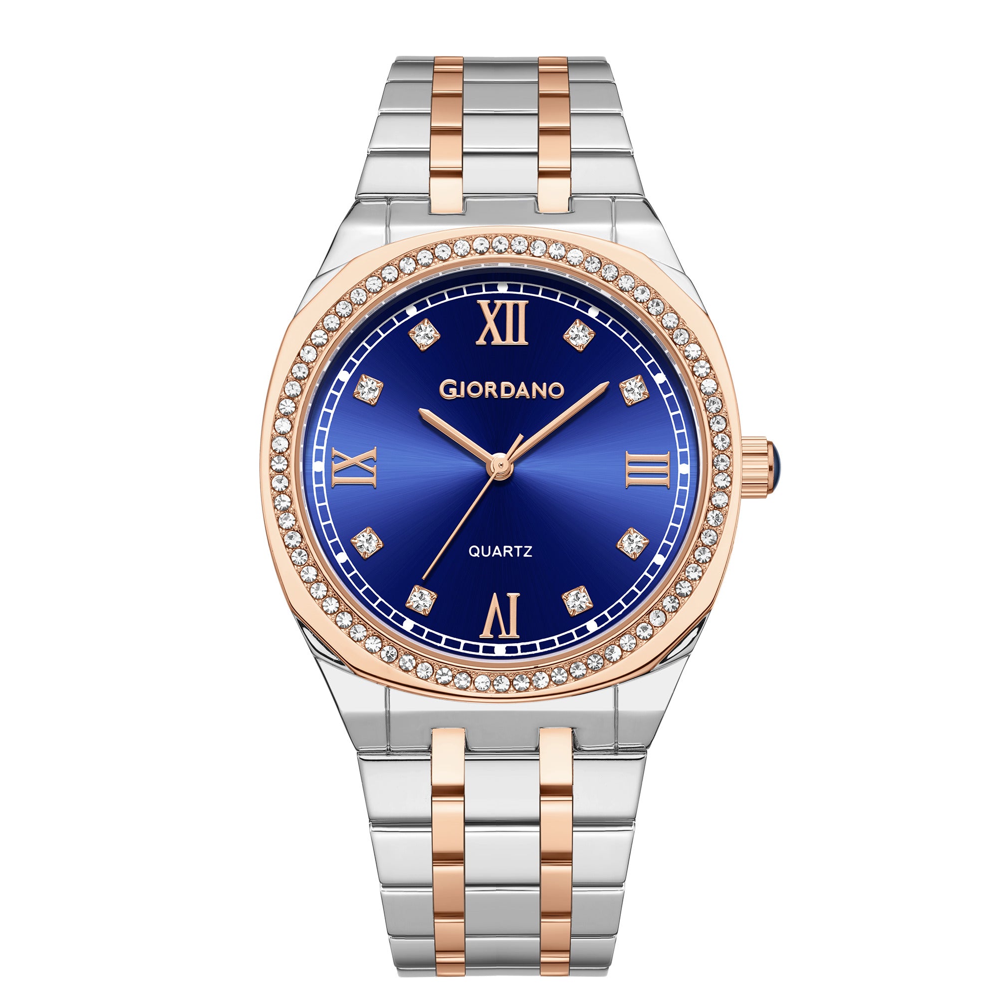 Giordano Analog Quartz Watch for Men with Round Blue Dial, Roman Indices, Blue Crown, Crystal Studded Hour Markers and Bezel, Silver and Rose Gold Stainless Steel Strap - GZ-50216-44