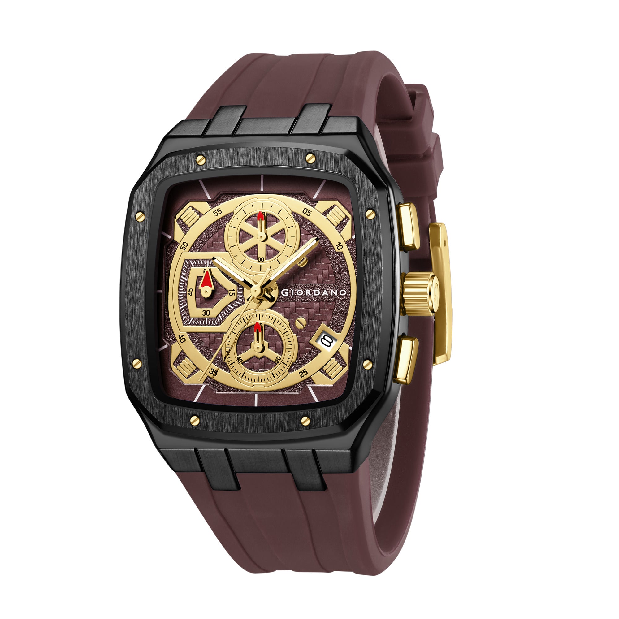 Giordano Analog Watch for Men with Chronograph Subdials, Black Square Case, Date Display, Quartz Movement, Brown Silicone Strap GZ-50204-33