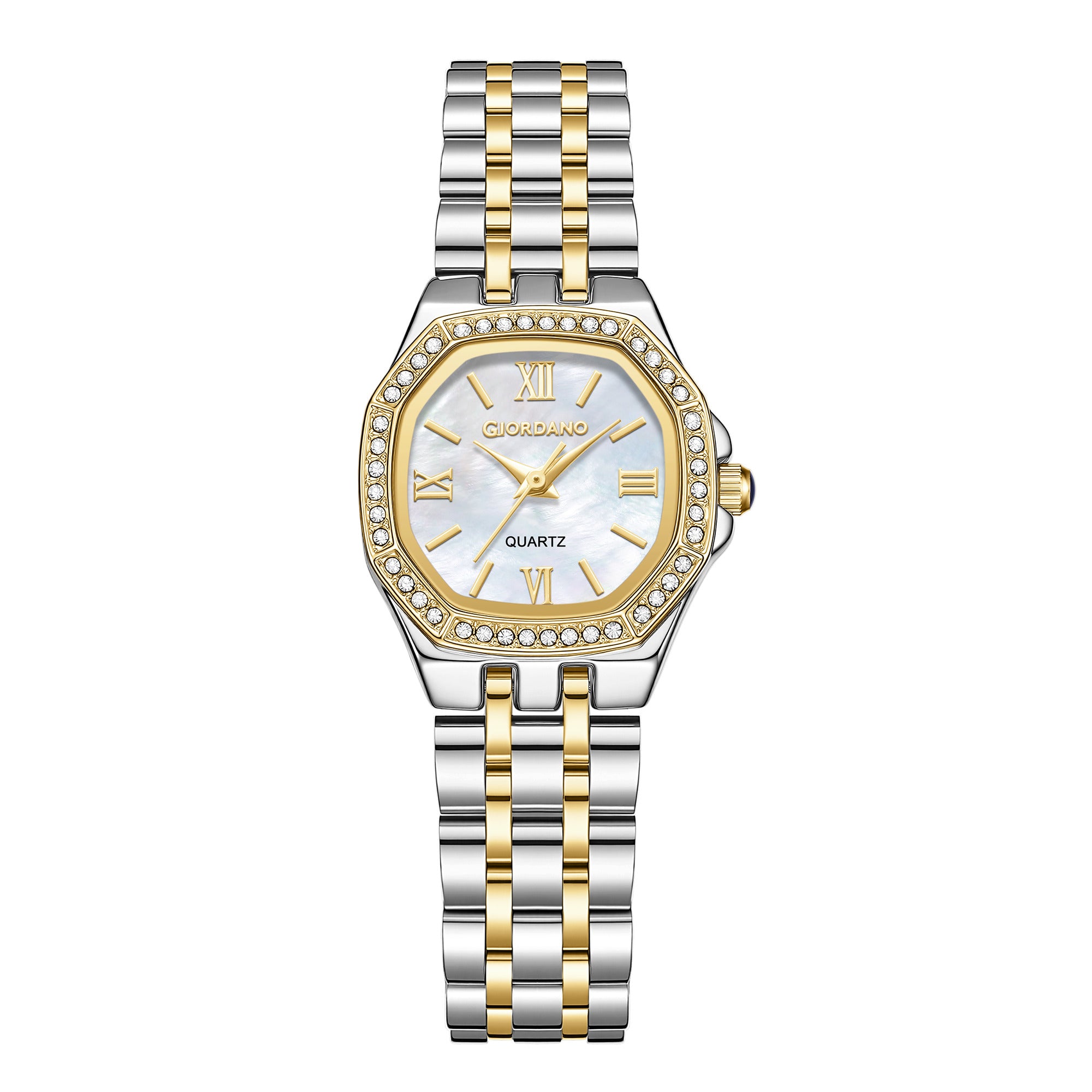 Giordano Analog Watch for Women with Silver Dial, Crystal Studded Bezel, Roman Indices & Stainless Steel Strap GZ-60162-44