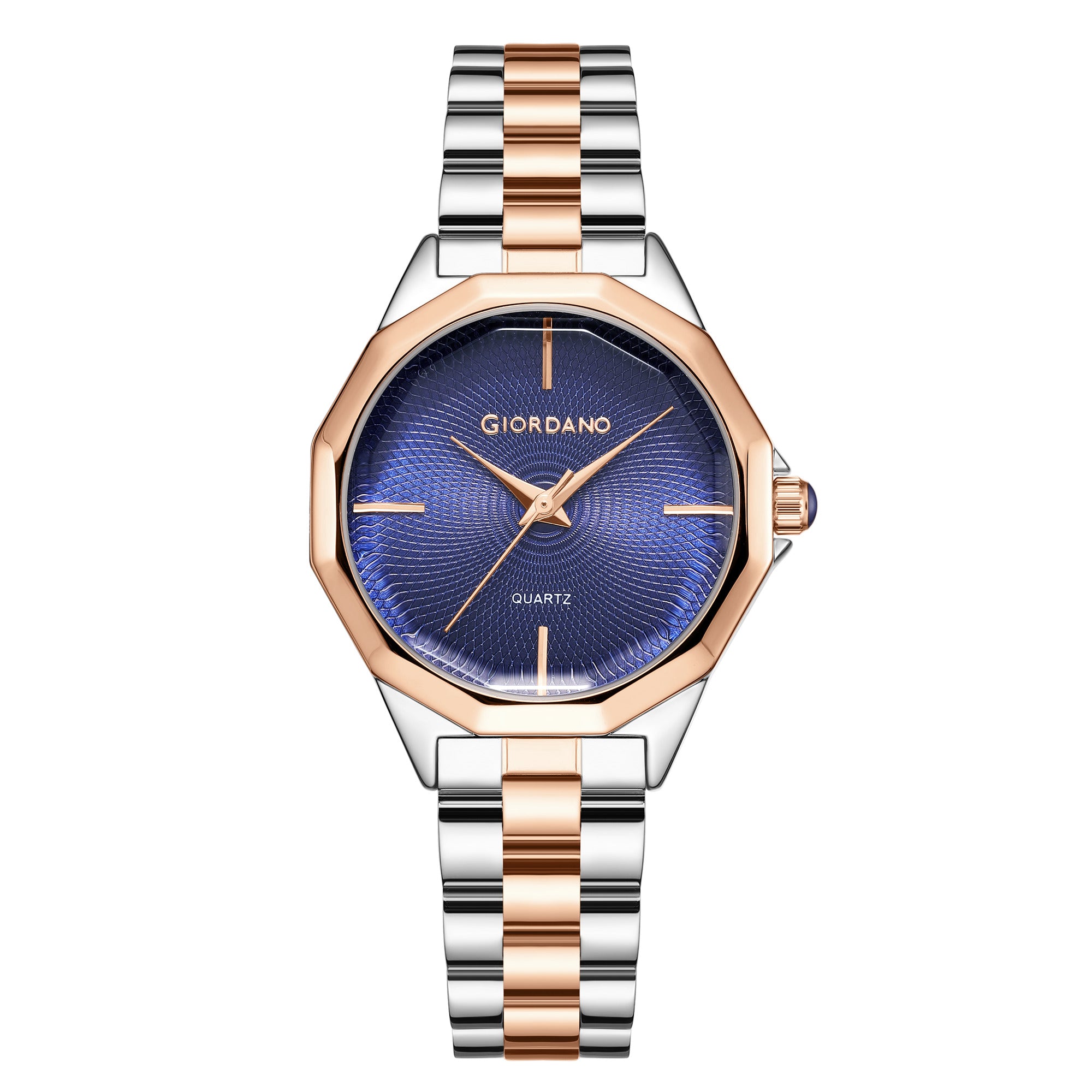 Giordano Analog Quartz Watch for Women with Textured Round Blue Dial, Square Case, Blue Crown, Silver and Rose Gold Stainless Steel Strap - GZ-60158-22