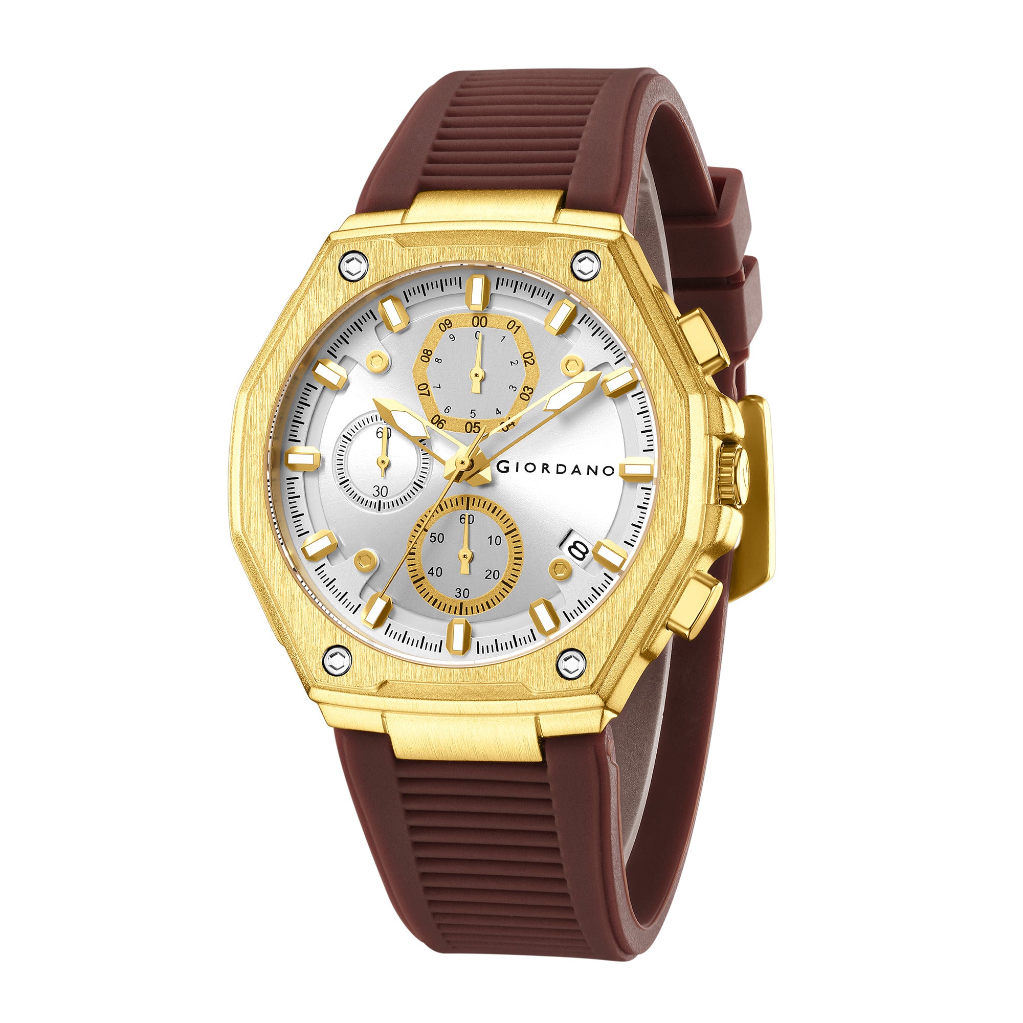 Giordano Chronograph Analog Quartz Watch for Men with Round White Dial, Octgonal case, Date Function, Luminous Hands and Hour Markers, Brown Silicone Strap - GZ-50197-44