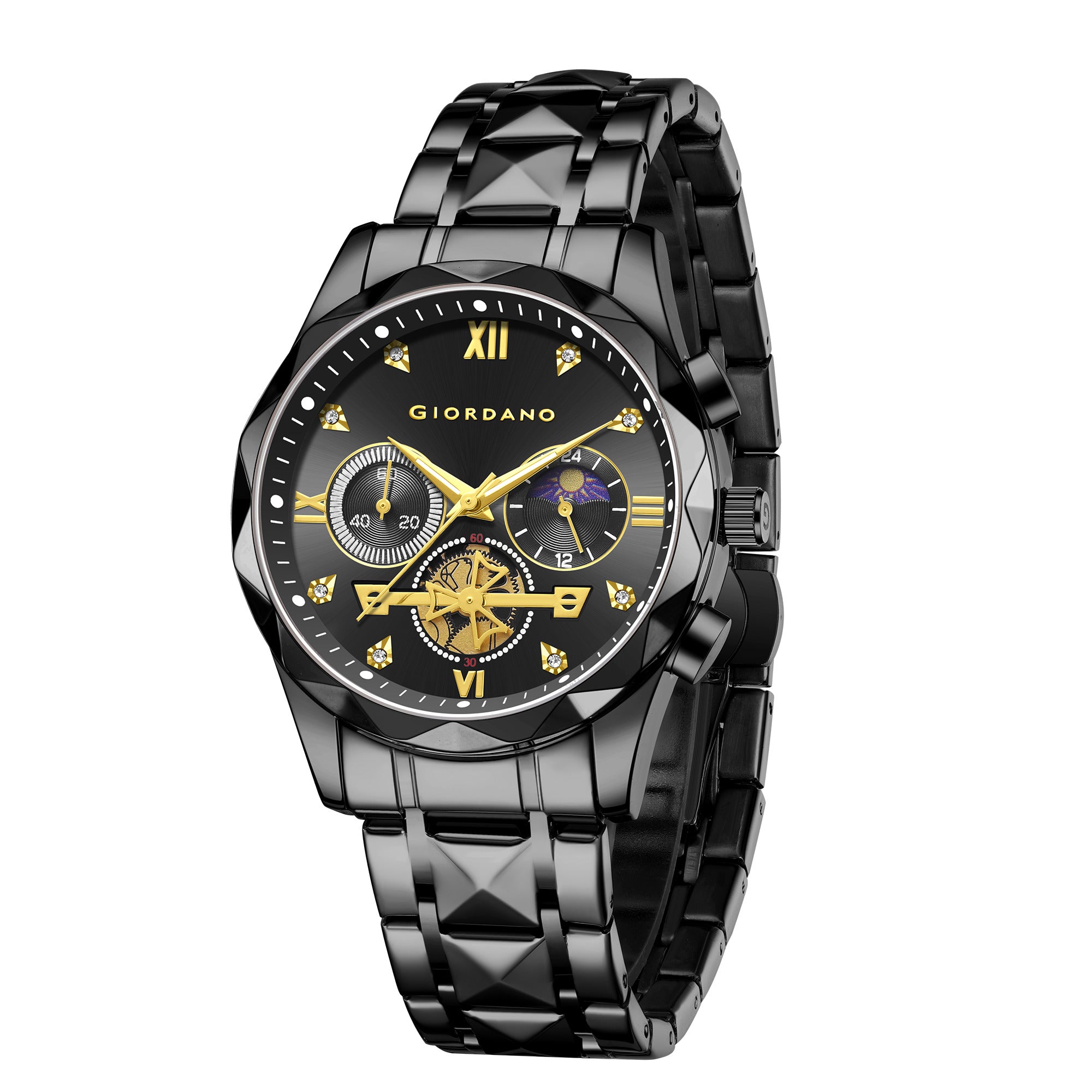 Giordano Chronograph Analog Quartz Watch for Men with Black Dial, Multifunction Subdials, Sun Moon Display, Crystal Hour Markers, Roman Numerals, Black Stainless Steel Strap - GZ-50236-11