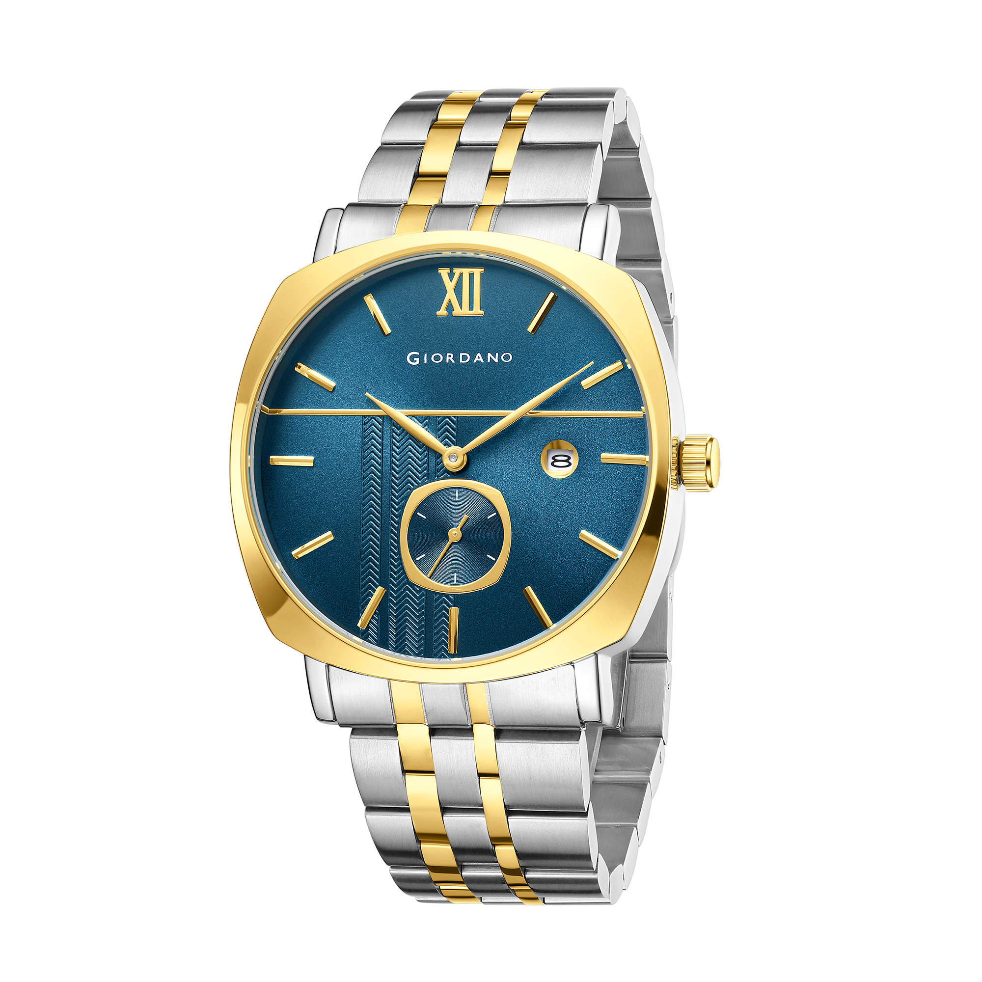 Giordano Analog Quartz Watch for Men with Blue Sunray Patterned Dial, Roman XII & Baton Hour Markers, Small Seconds Sub-Dial, Date Display and Two-Tone Gold & Silver Stainless Steel Strap GZ-50192-55