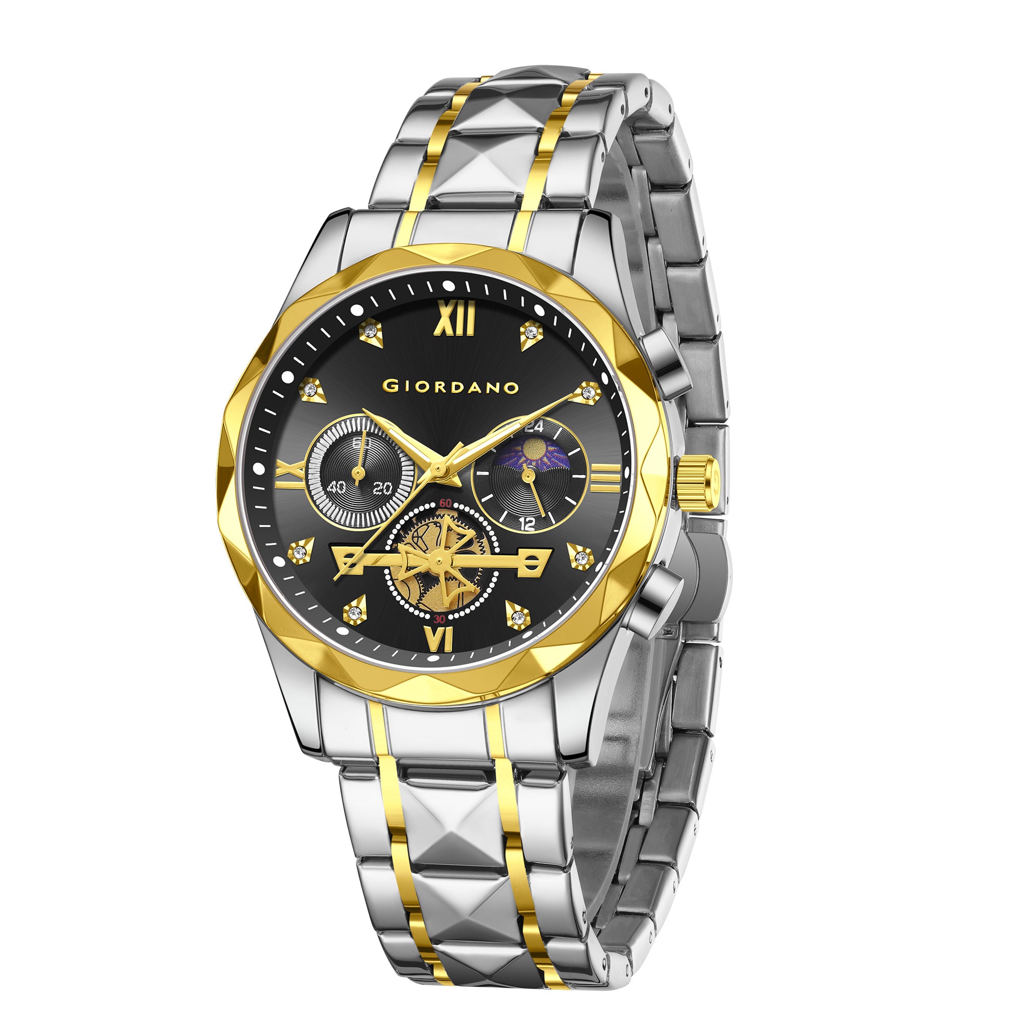 Giordano Chronograph Analog Quartz Watch for Men with Black Dial, Multifunction Subdials, Sun Moon Display, Crystal Hour Markers, Roman Numerals, Dual-Tone Stainless Steel Strap - GZ-50236-22