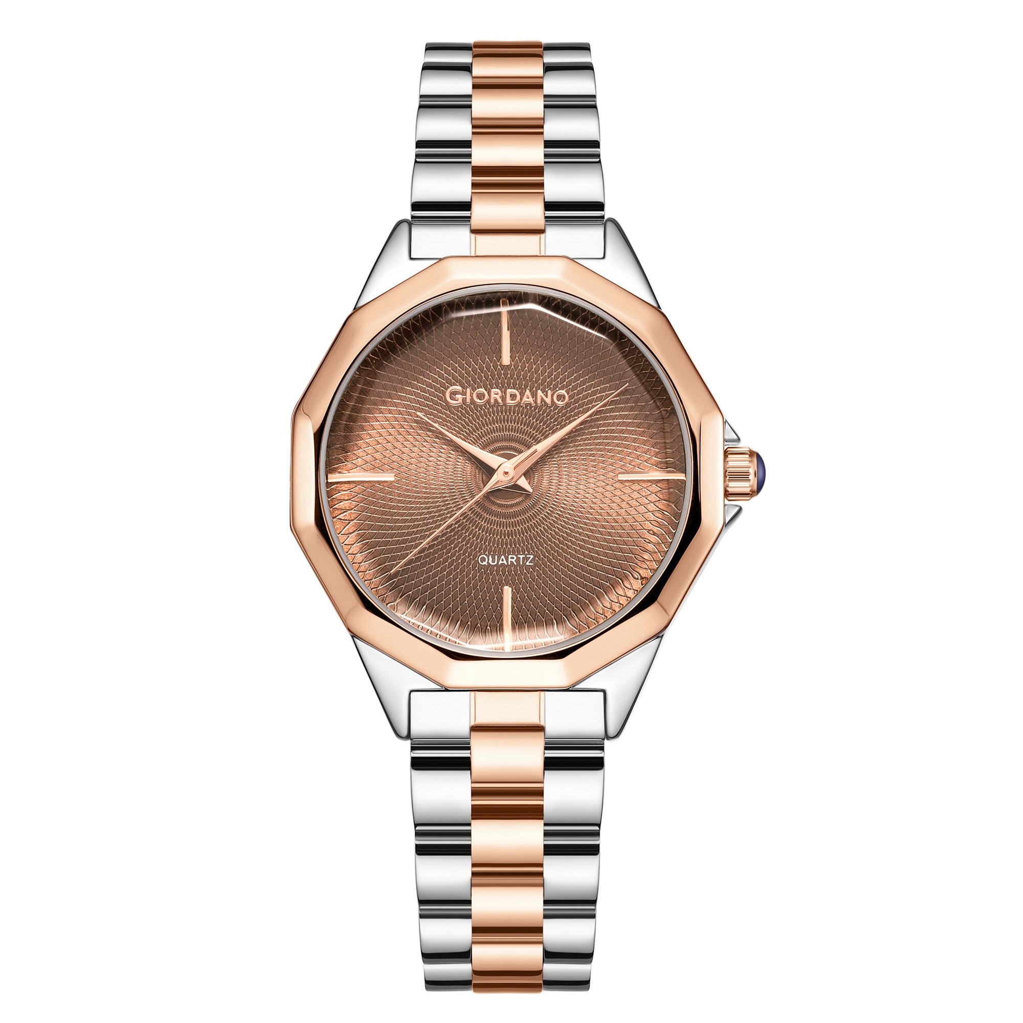 Giordano Analog Quartz Watch for Women with Textured Round Brown Dial, Square Case, Blue Crown, Silver and Rose Gold Stainless Steel Strap - GZ-60158-11