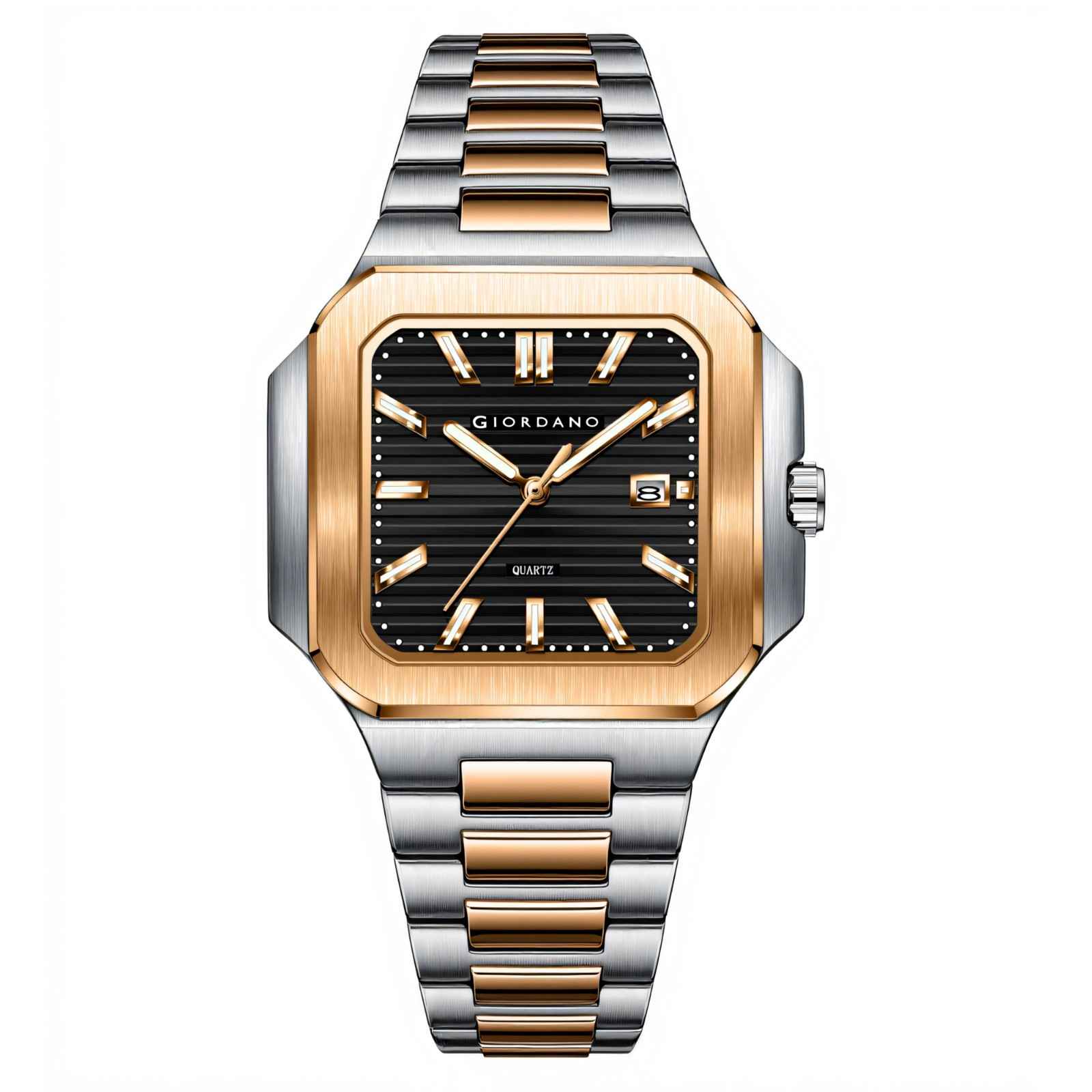 GIORDANO Analog Square Watch for Men – Textured Dial, Two-Tone Stainless Steel Strap, Quartz Movement and Date Display - GZ-50174-11
