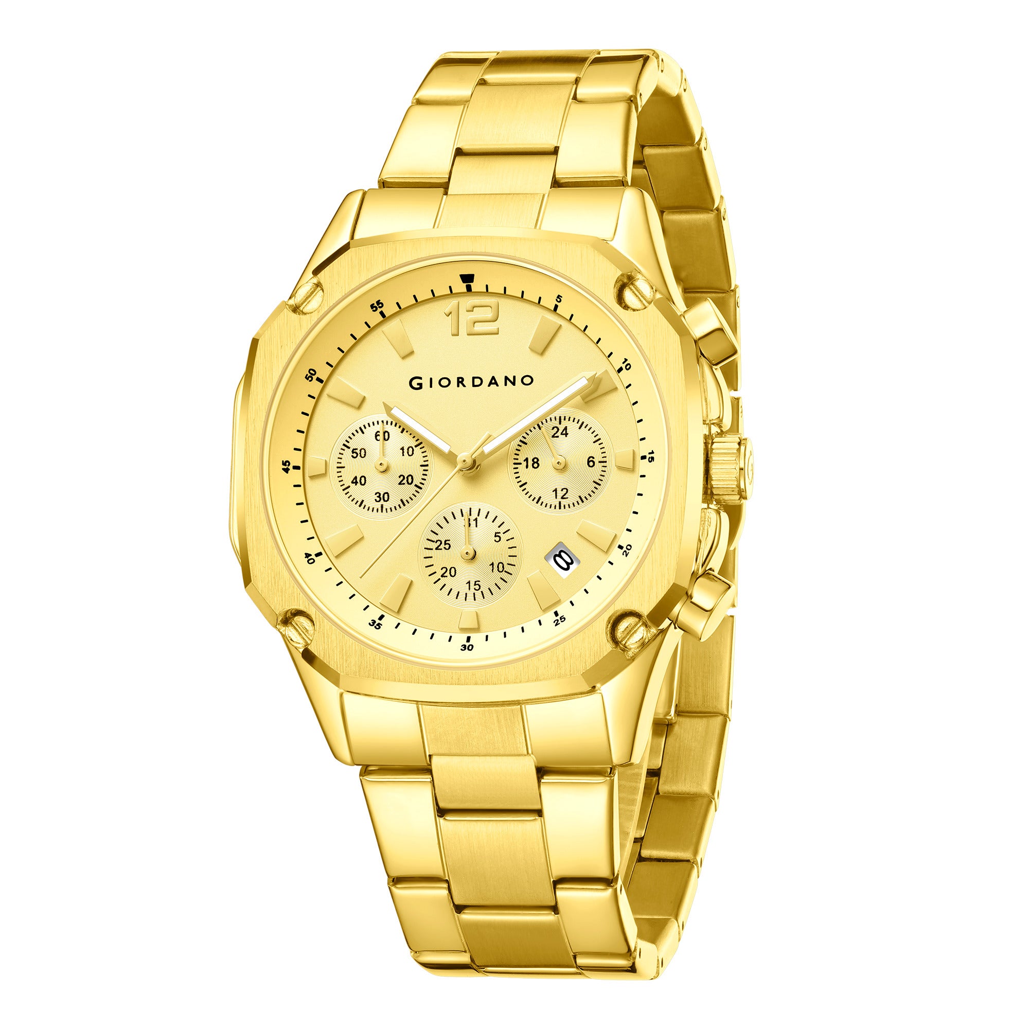 Giordano Analog Watch for Men with Chronograph Subdials, Round Gold Dial Date Window, Quartz Movement Silver Stainless Steel Strap GZ-50203-55