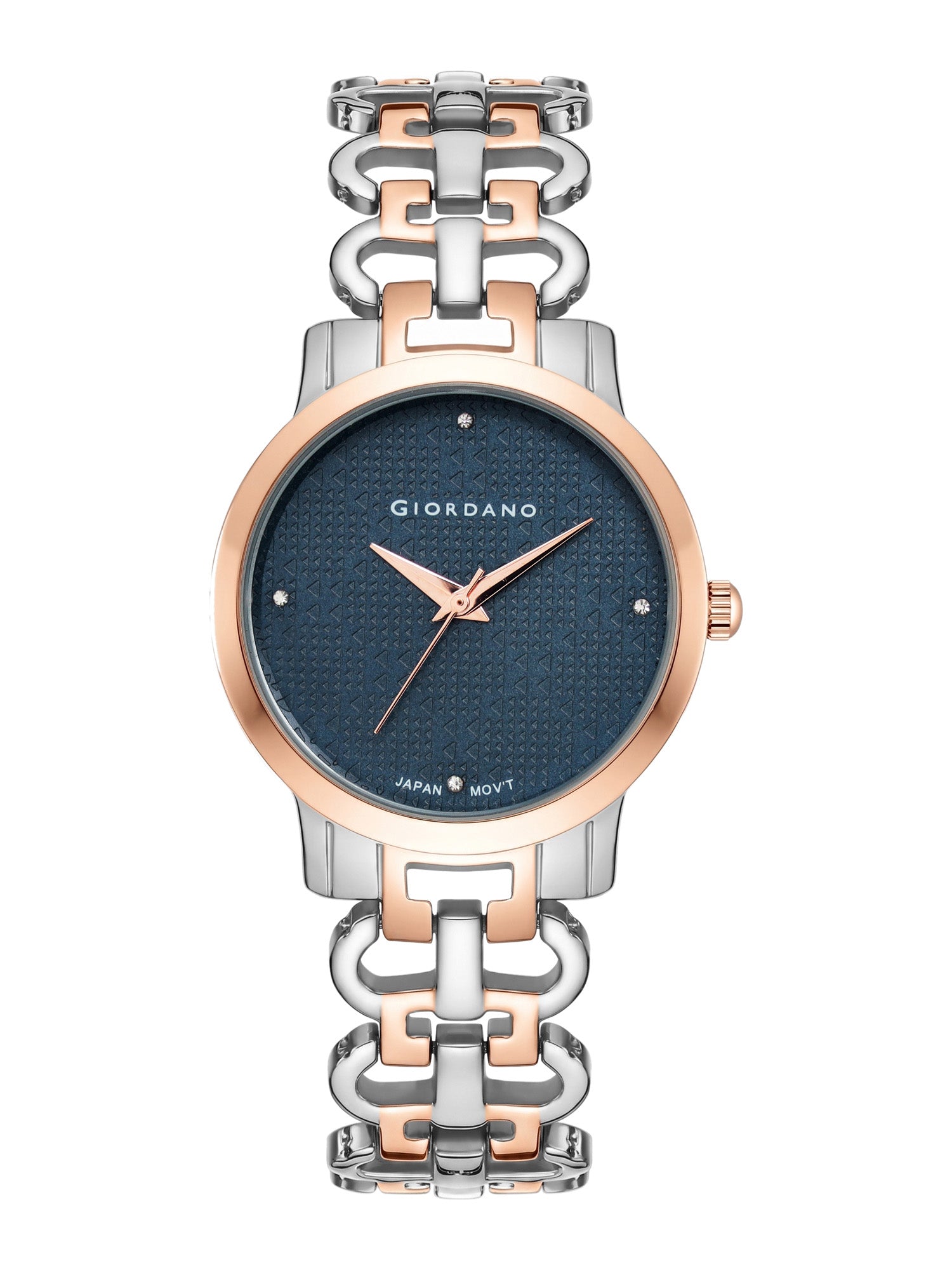 Giordano Analog Quartz Watch for Women with Blue Textured Round Dial, Crystal Hour Markers & Rose Gold and Silver Two-Tone Stainless Steel Bracelet Strap - C2204-88