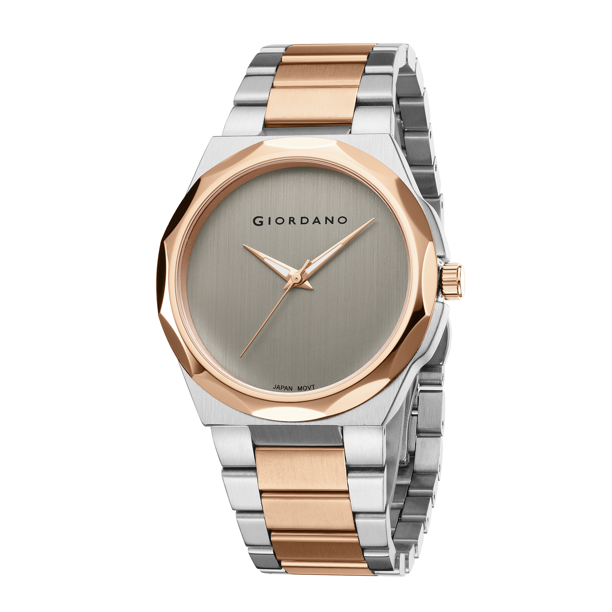 Giordano Classic Formal Analog Quartz Watch for Men with Grey Sunray Round Dial, Minimalist Markerless Design, Luminous Hands, Quartz Movement and Two-Tone Stainless Steel Strap - GZ-50189-44