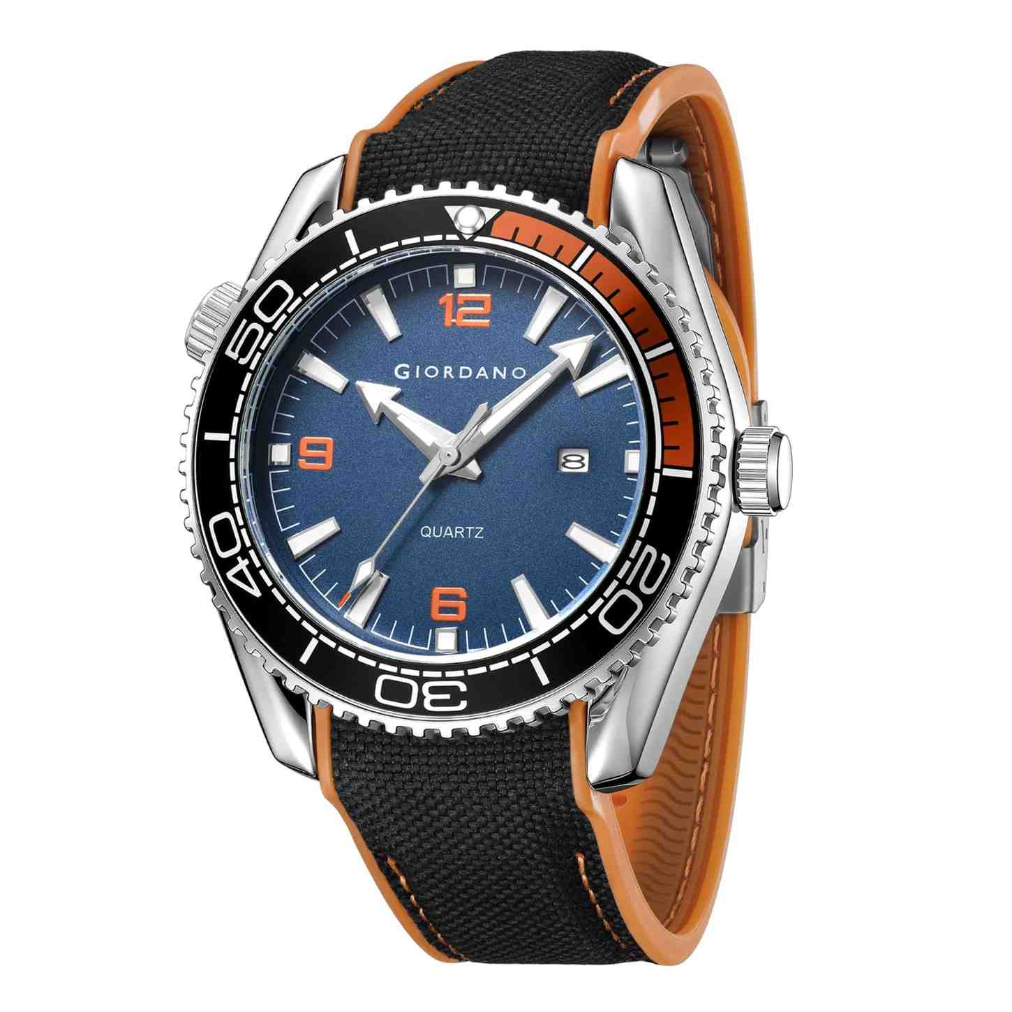 Giordano Analog Quartz Watch For Men – Round Dial with Rotating Bezel, Luminous Hour Markers, Silicone Strap, Date Display GZ-50159-02