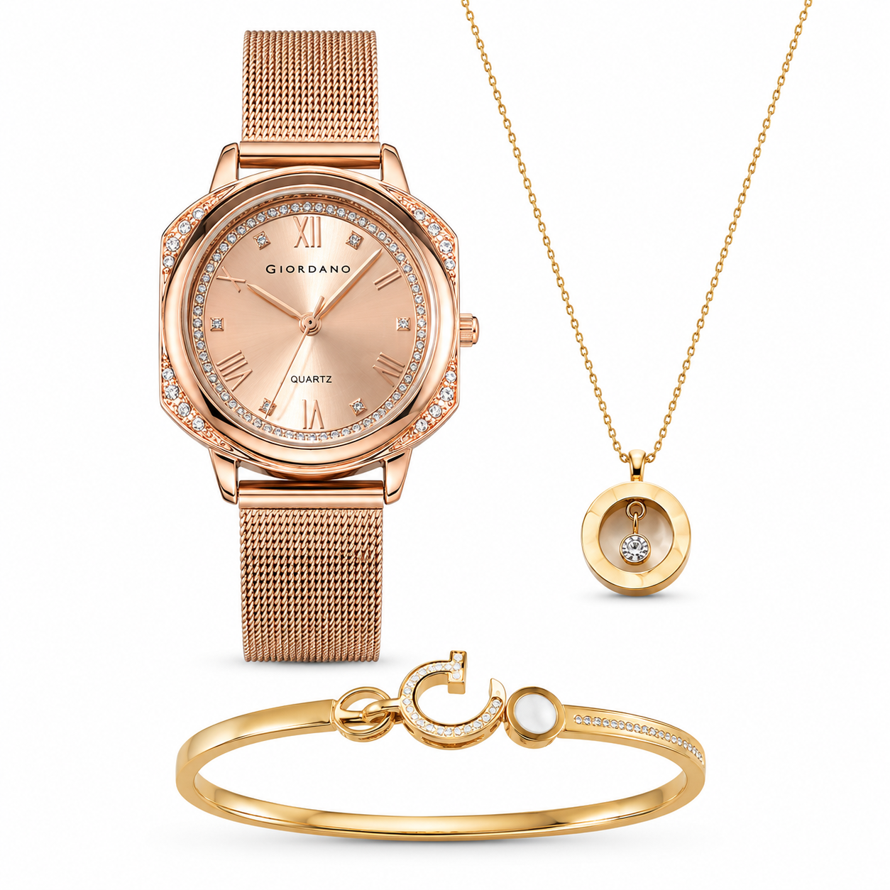 Giordano Rose Gold Analog Quartz Watch Gift Set for Women – 3 Piece Combo with Mesh Strap, Roman Numeral Crystal Studded Dial, Round Pearl Pendant Necklace & Bangle Bracelet - GZ-60183-22