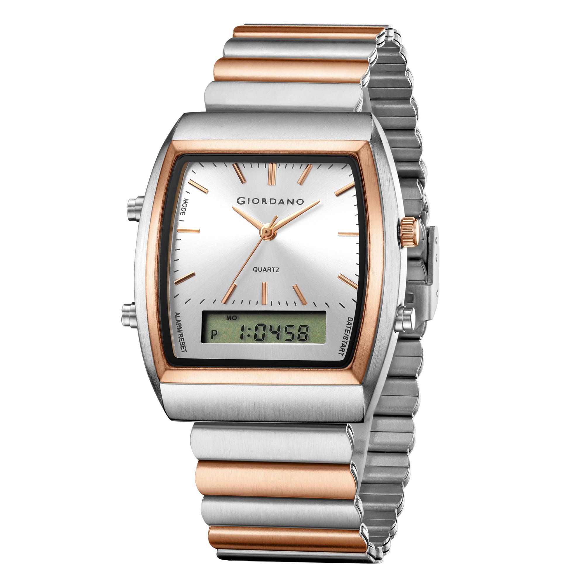 Giordano Analog Digital Watch for Men with Square White Dial, Day Function, Silver and Rose Gold Stainless Steel Strap - GZ-50207-44