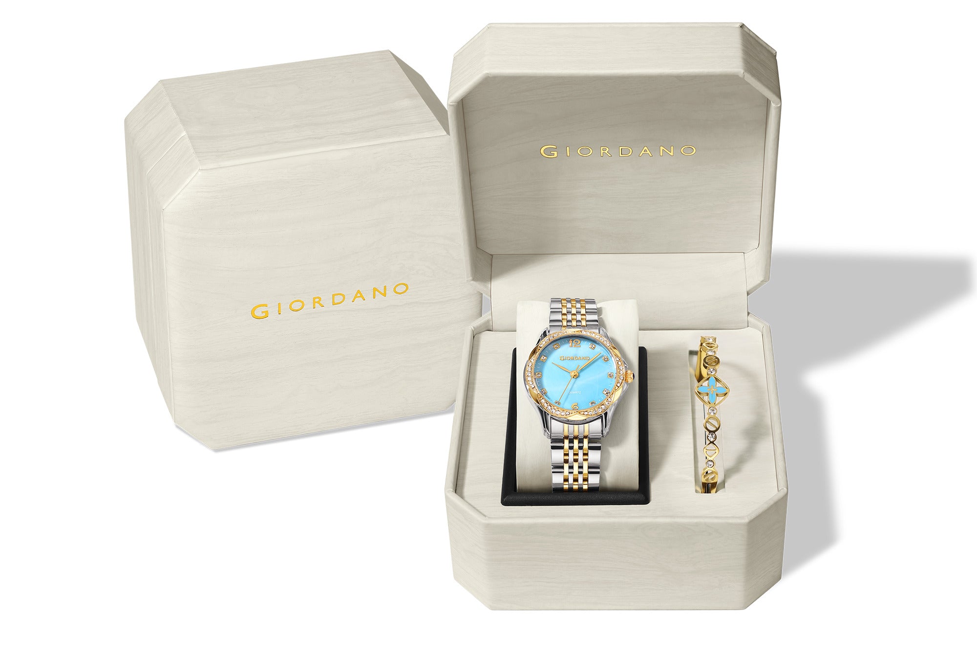 Giordano Analog Quartz Watch for Women with Textured Round Blue Dial, Flower shape case, Blue Crown, Crystal studded hour markers and bezel, Silver and Gold Stainless Steel Strap - GZ-60157-44