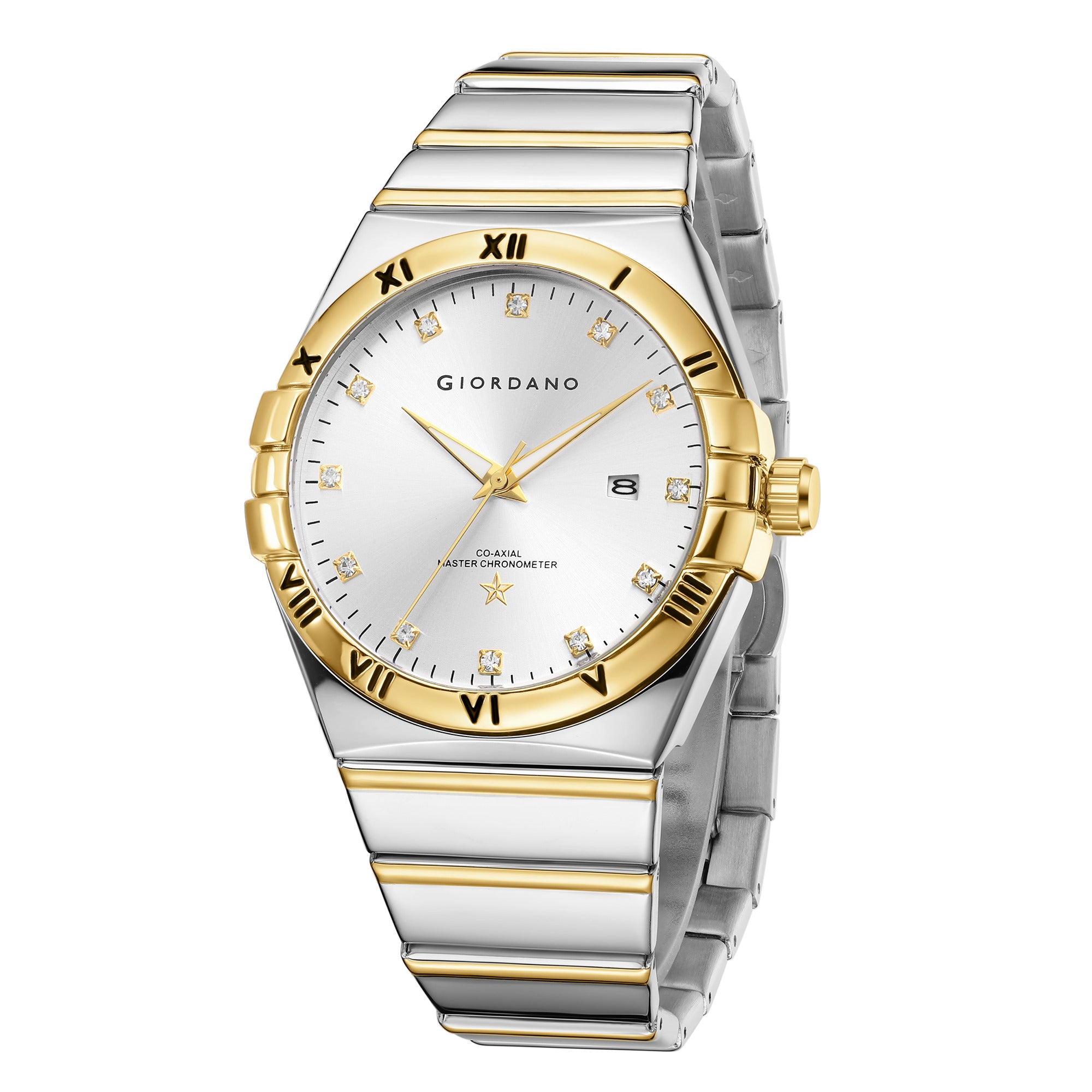 Giordano Analog Watch for Men Round Silver Dial with Crystal Markers, Roman Bezel, Date Display & Stainless Steel Strap GZ-50220-44