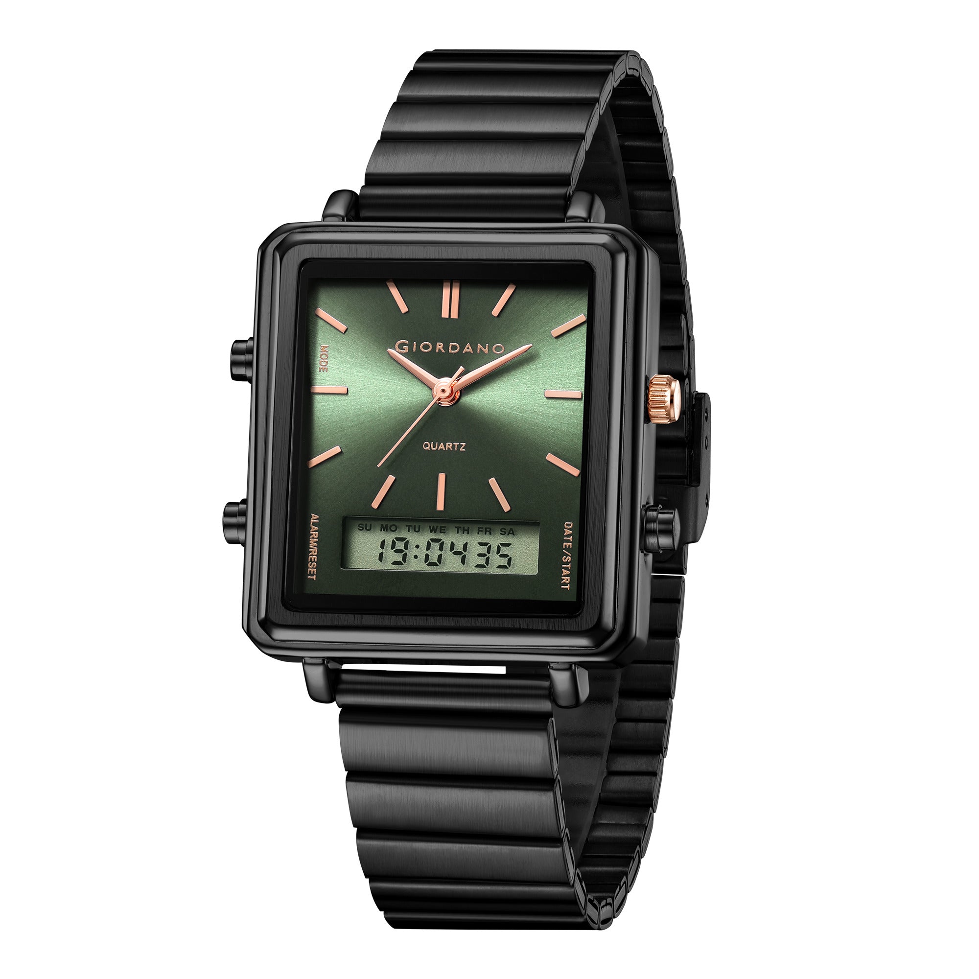 Giordano Analog Digital Watch for Men with Square Green Dial, Dual Time Display, Black Stainless Steel Strap - GZ-50210-55