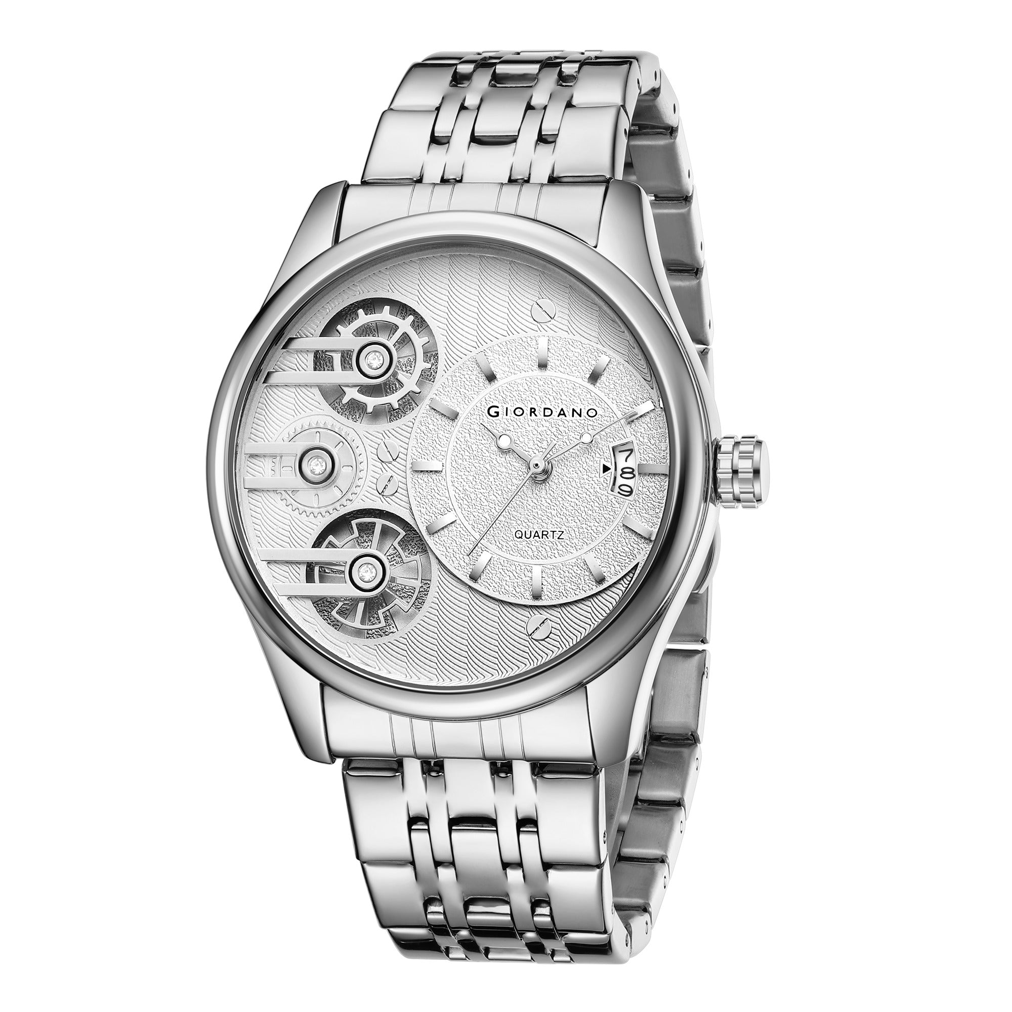 Giordano Analog Watch for Men with Round White Dial, Gear-Inspired Design, Date Display & Stainless Steel Strap GZ-50222-22
