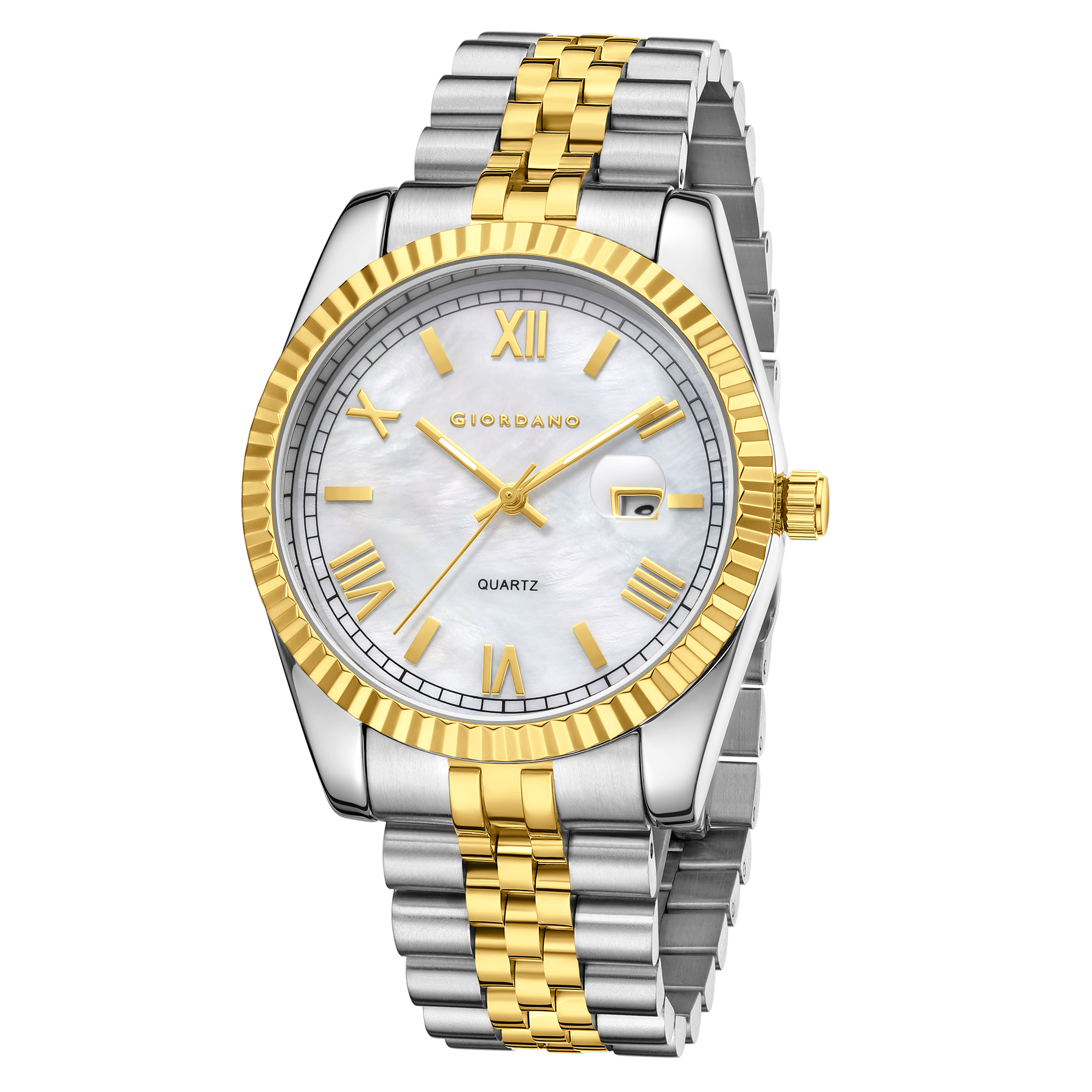Giordano Analog Quartz Watch for Men with White Mother-of-Pearl Dial, Roman Numeral & Baton Markers, Date Display, Fluted Bezel and Two-Tone Gold & Silver Stainless Steel Strap - GZ-50190-11